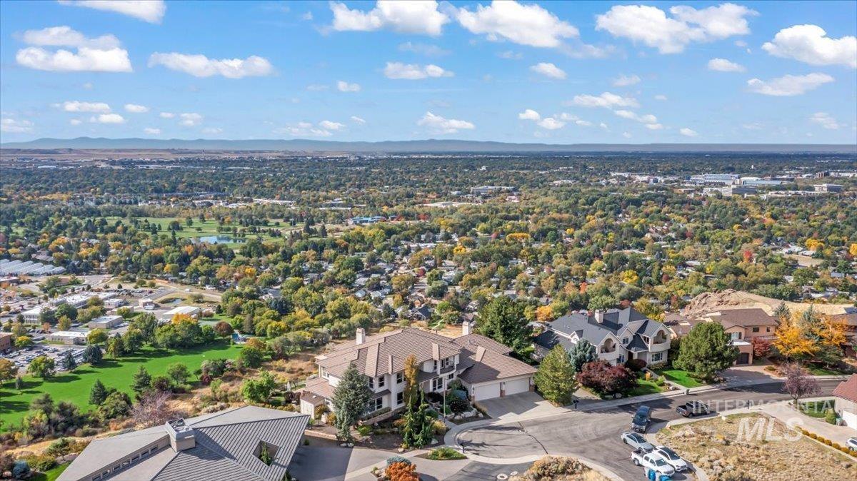 Aerial view of residential area with a mountain backdrop