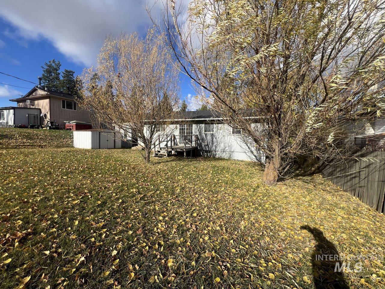 Back of property featuring a lawn and a storage unit