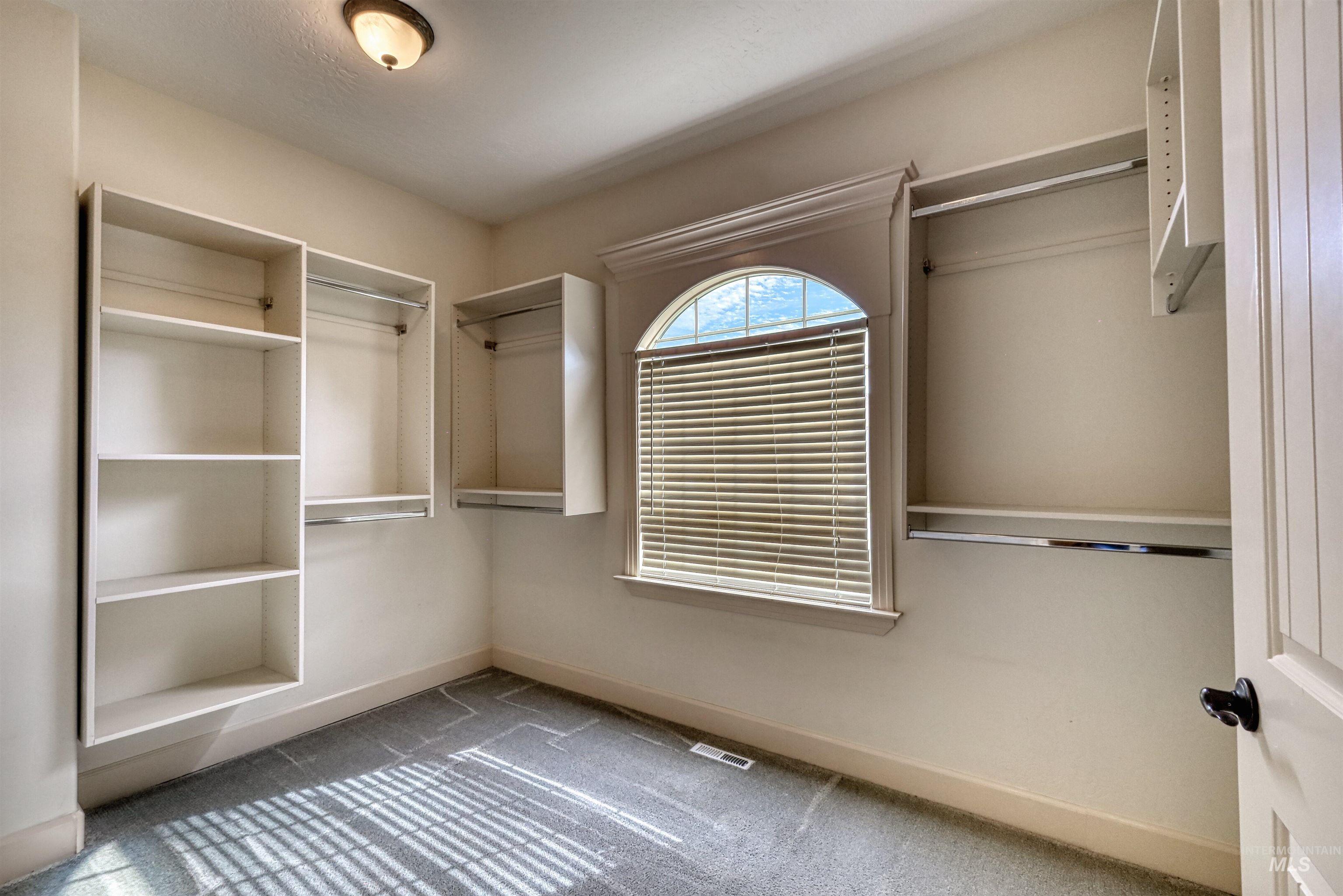 Walk in closet featuring light colored carpet