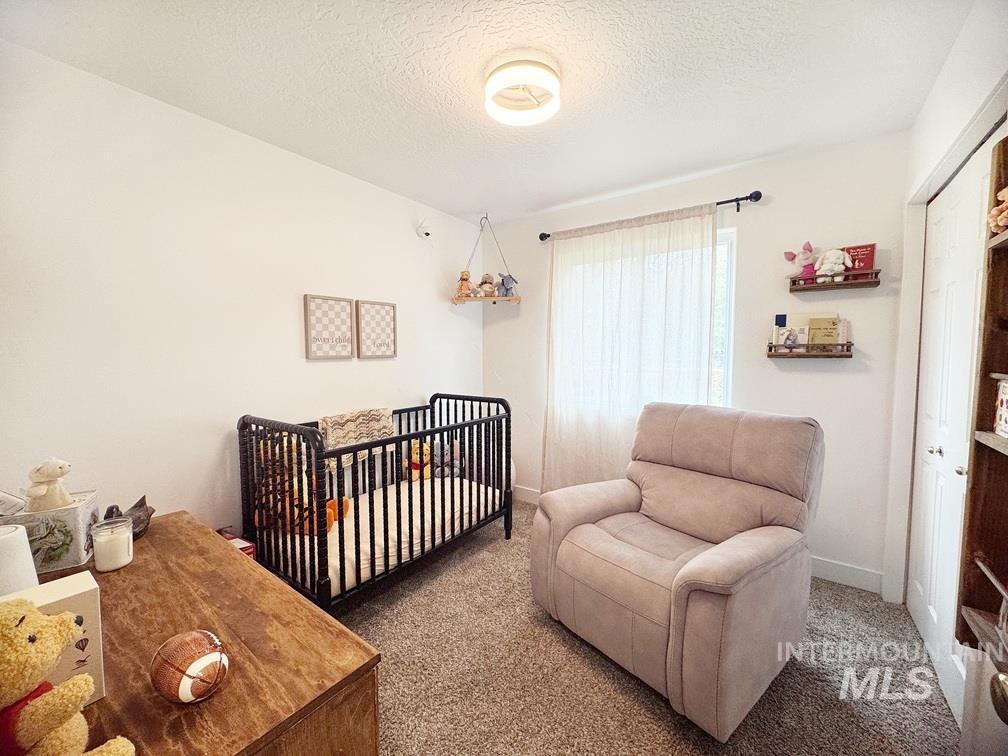 Carpeted bedroom featuring a crib, a textured ceiling, and a closet