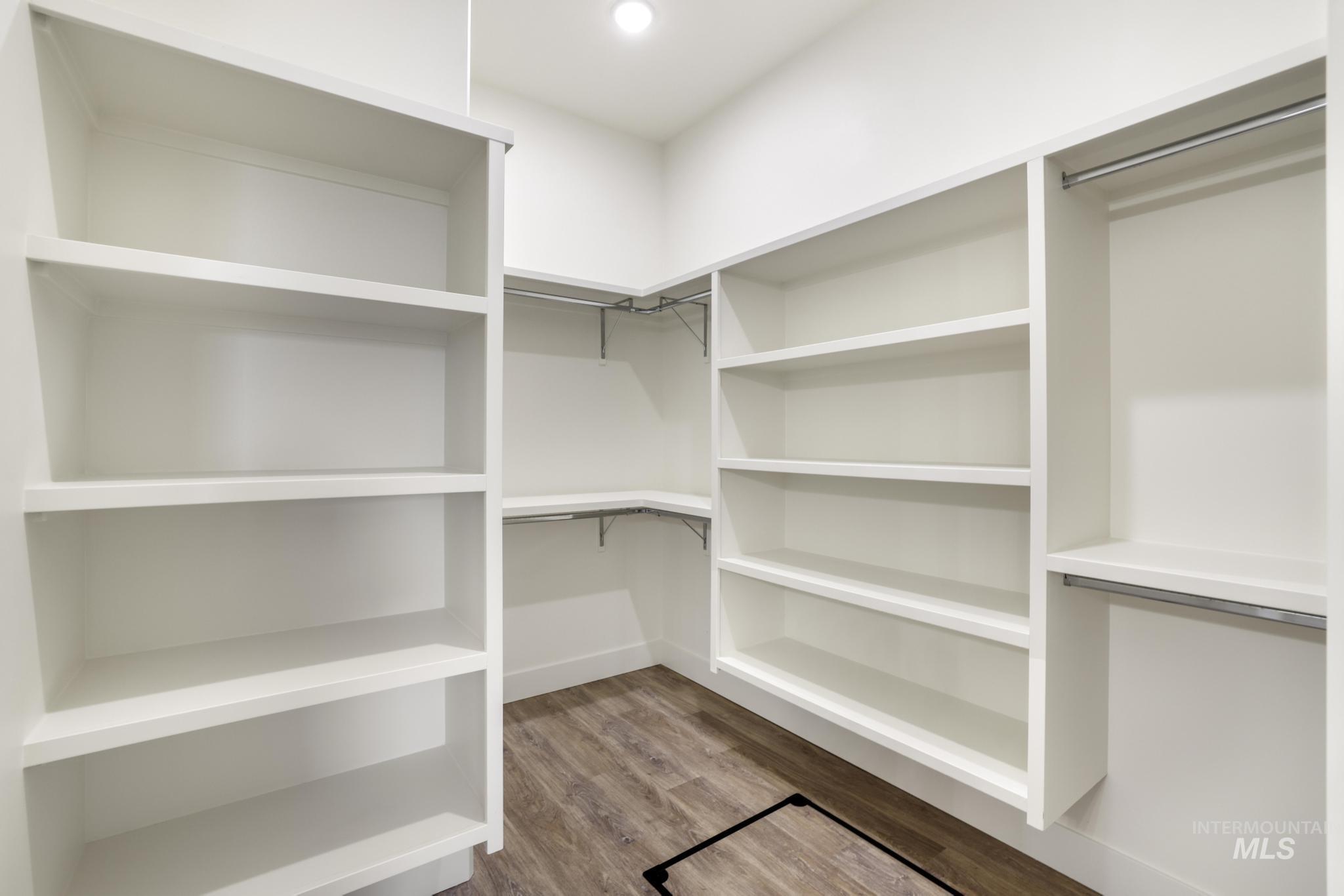 Walk in closet with light wood-style flooring