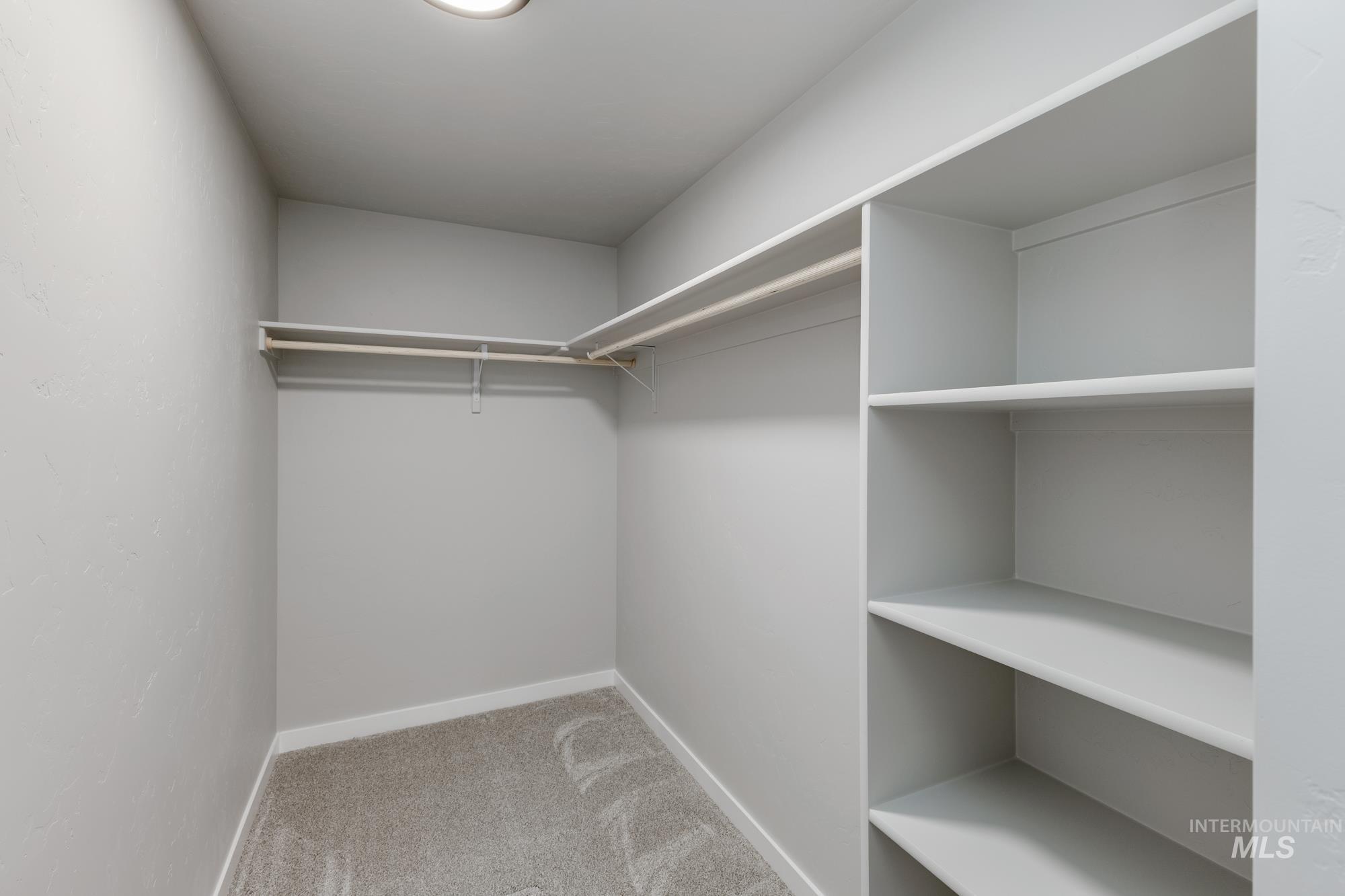 Spacious closet with light colored carpet