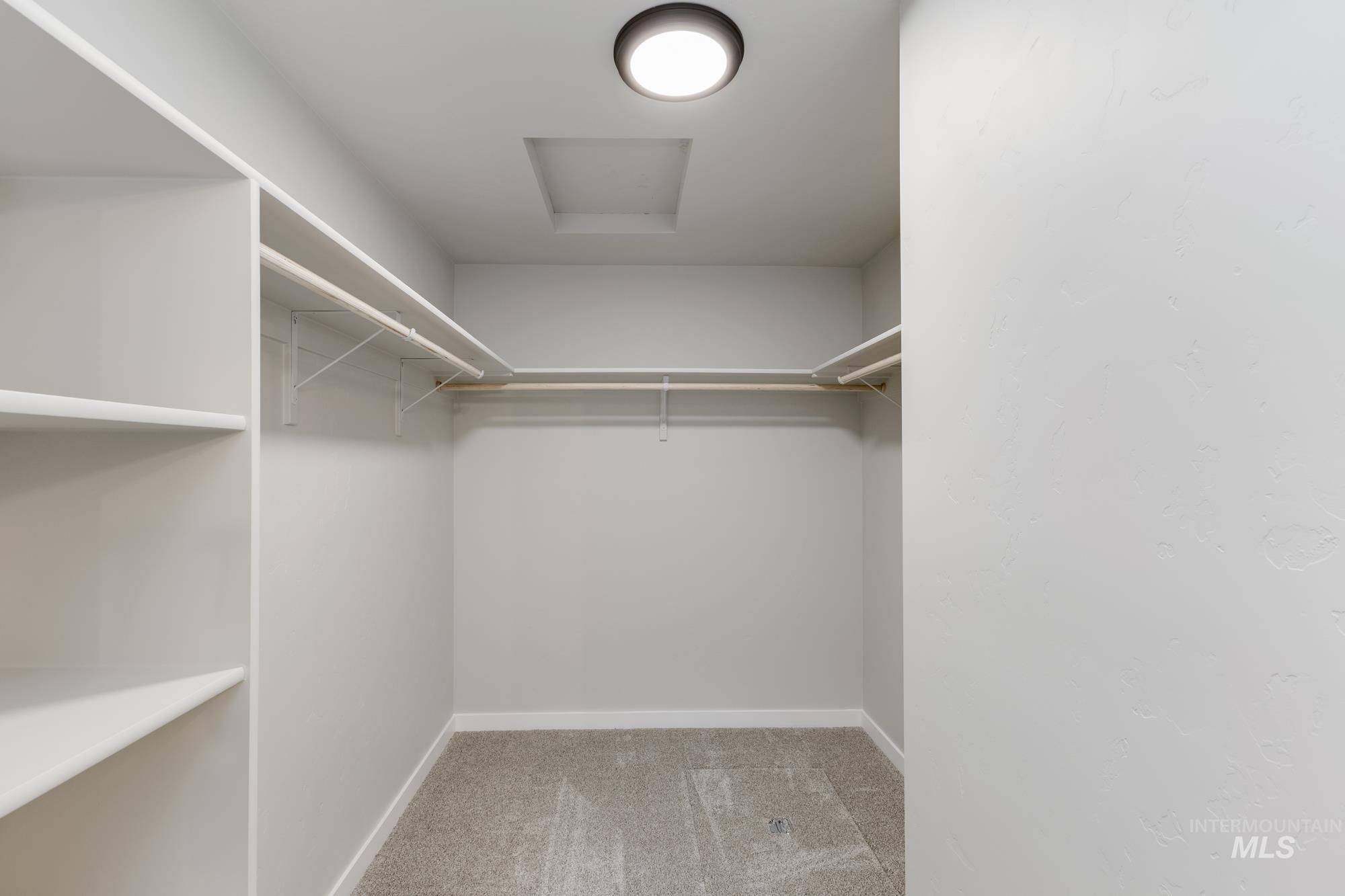 Spacious closet with light carpet and attic access