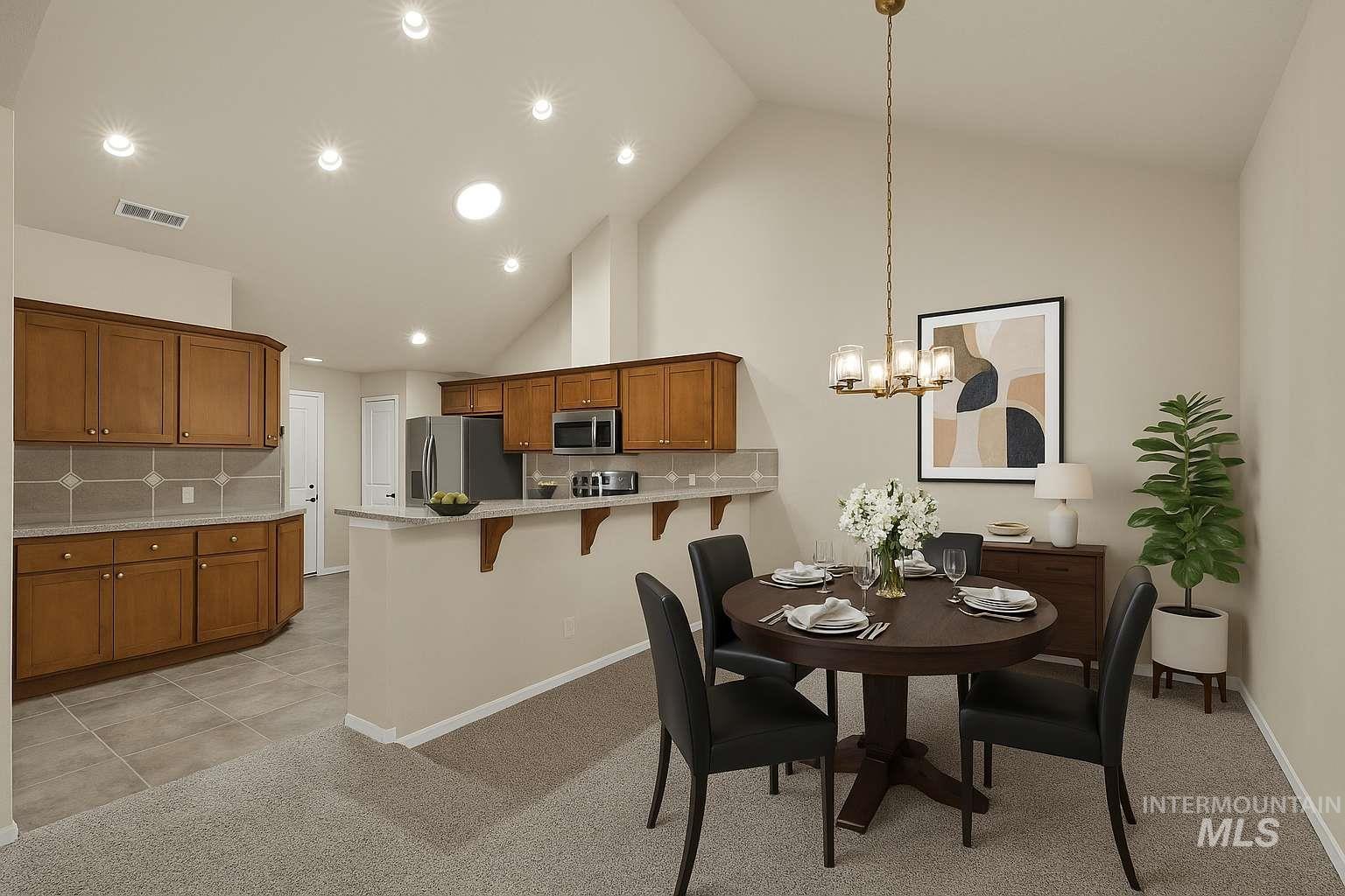 Dining room featuring high vaulted ceiling, light colored carpet, a chandelier, recessed lighting, and light tile patterned floors