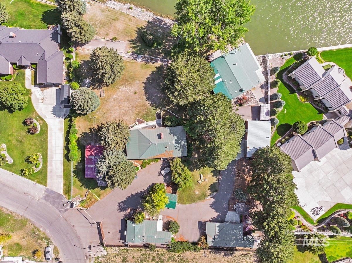 Aerial view of residential area with a large body of water