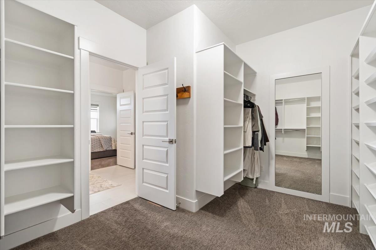 Walk in closet featuring dark colored carpet