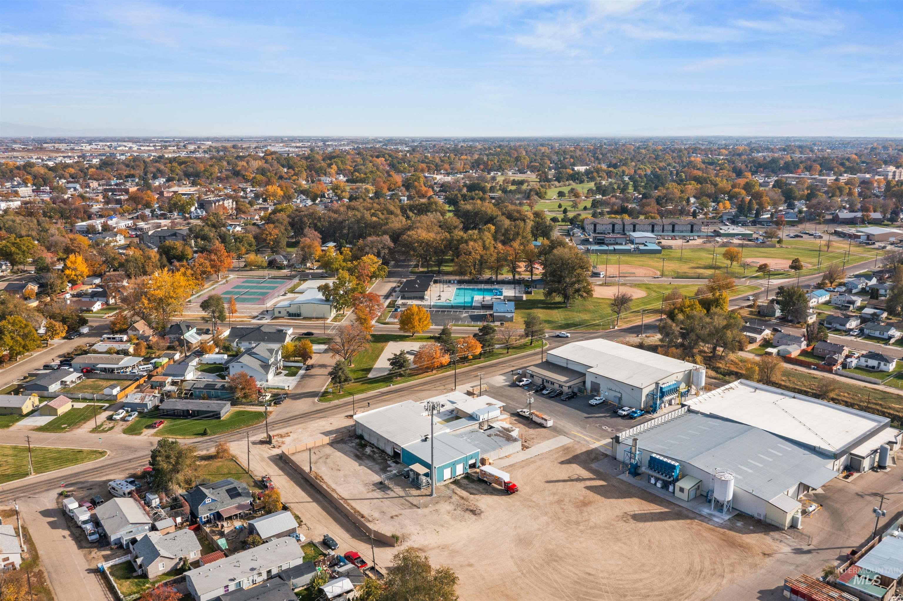 Aerial view of residential area featuring an industrial area