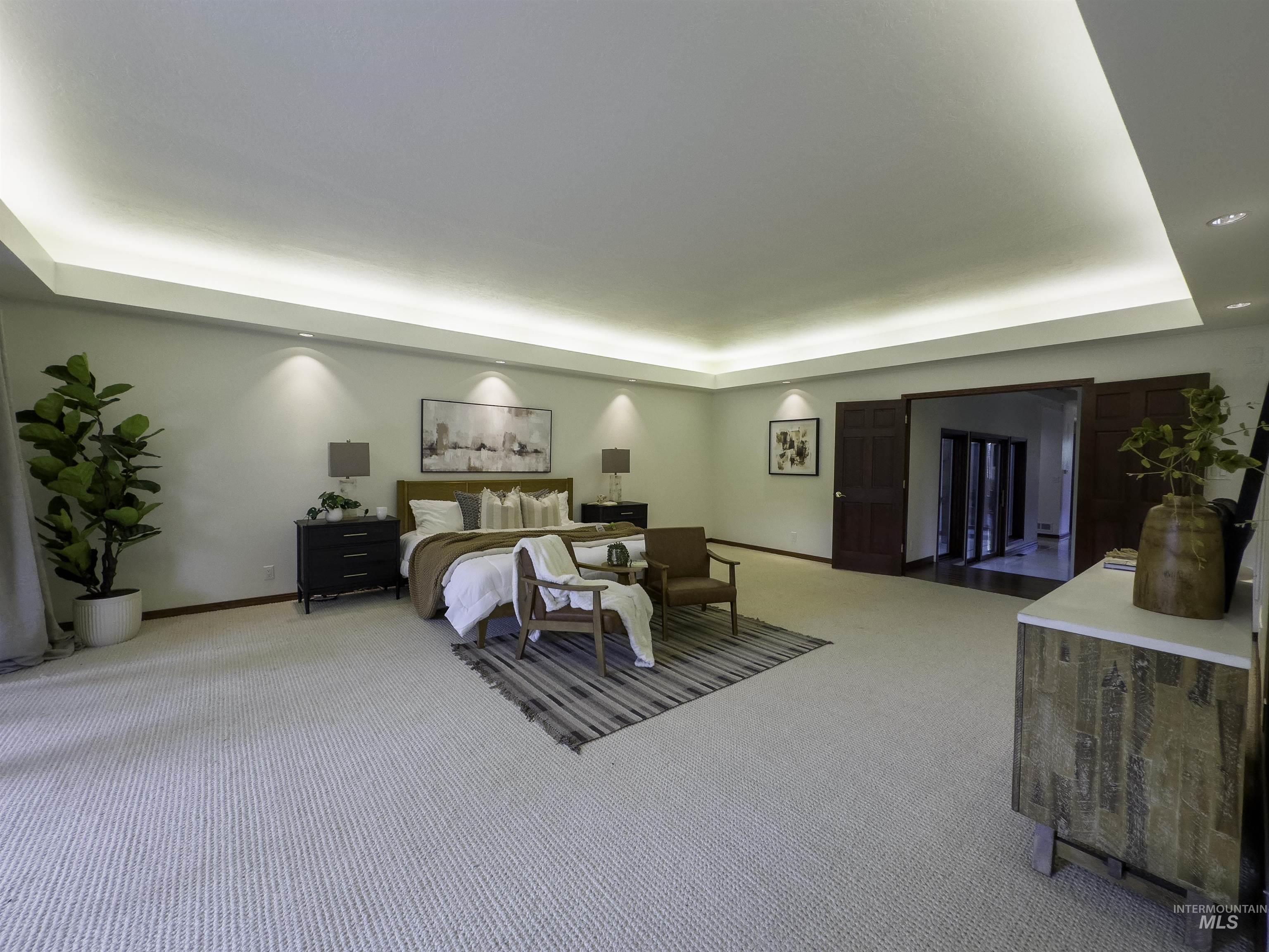 Bedroom with a tray ceiling and carpet