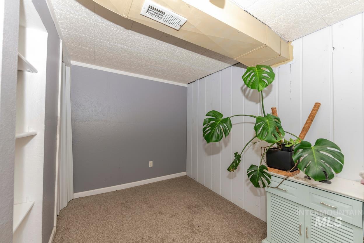 Empty room with light colored carpet and wooden walls