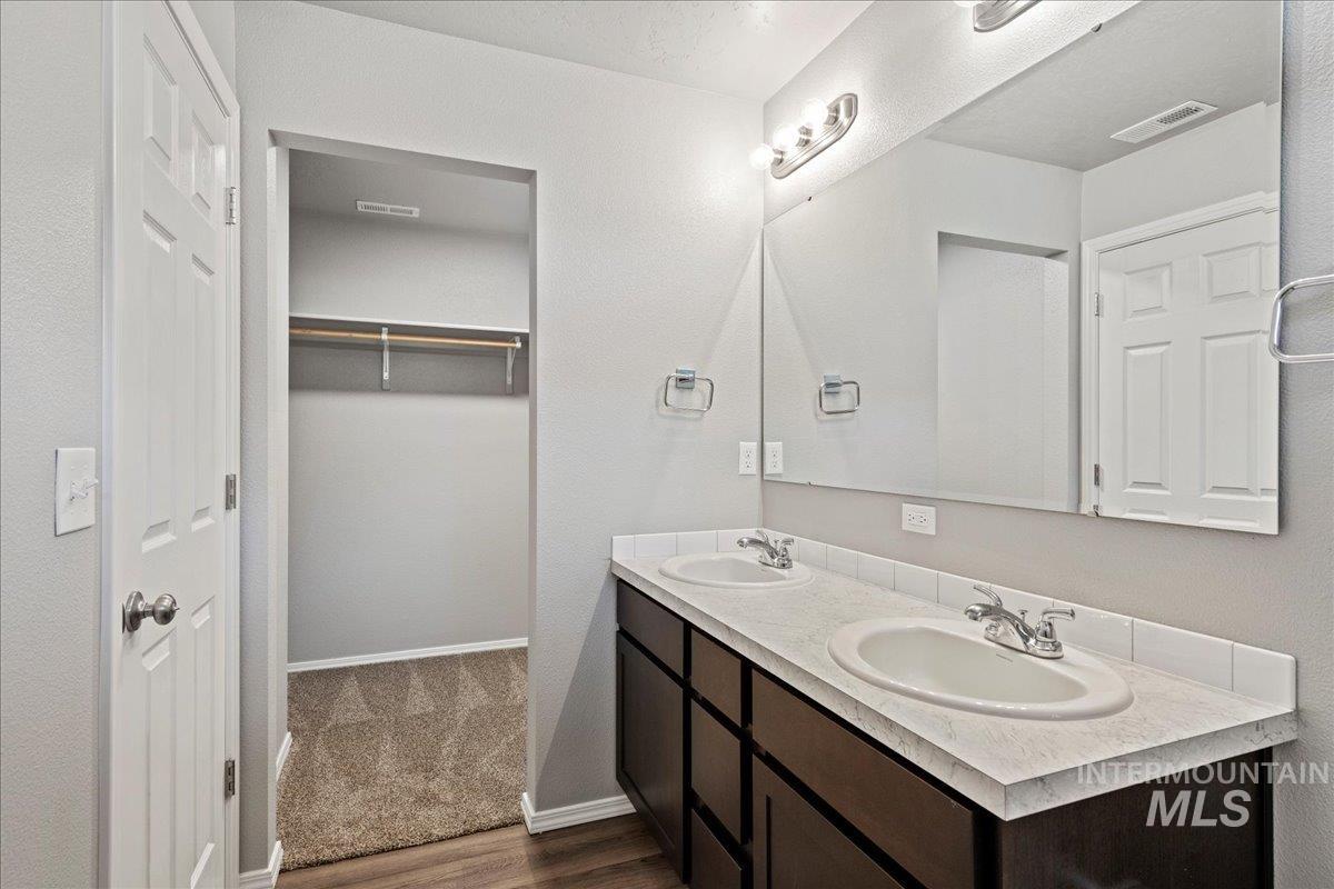 Bathroom with a spacious closet, double vanity, and dark wood-type flooring