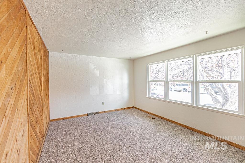 Spare room featuring carpet, a textured ceiling, and wood walls