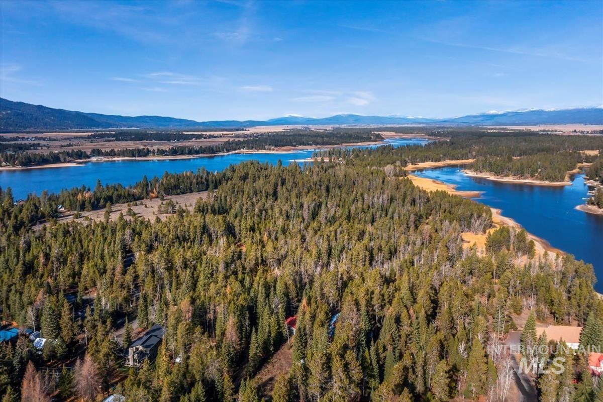 Aerial view of a water and mountain view and a heavily wooded area