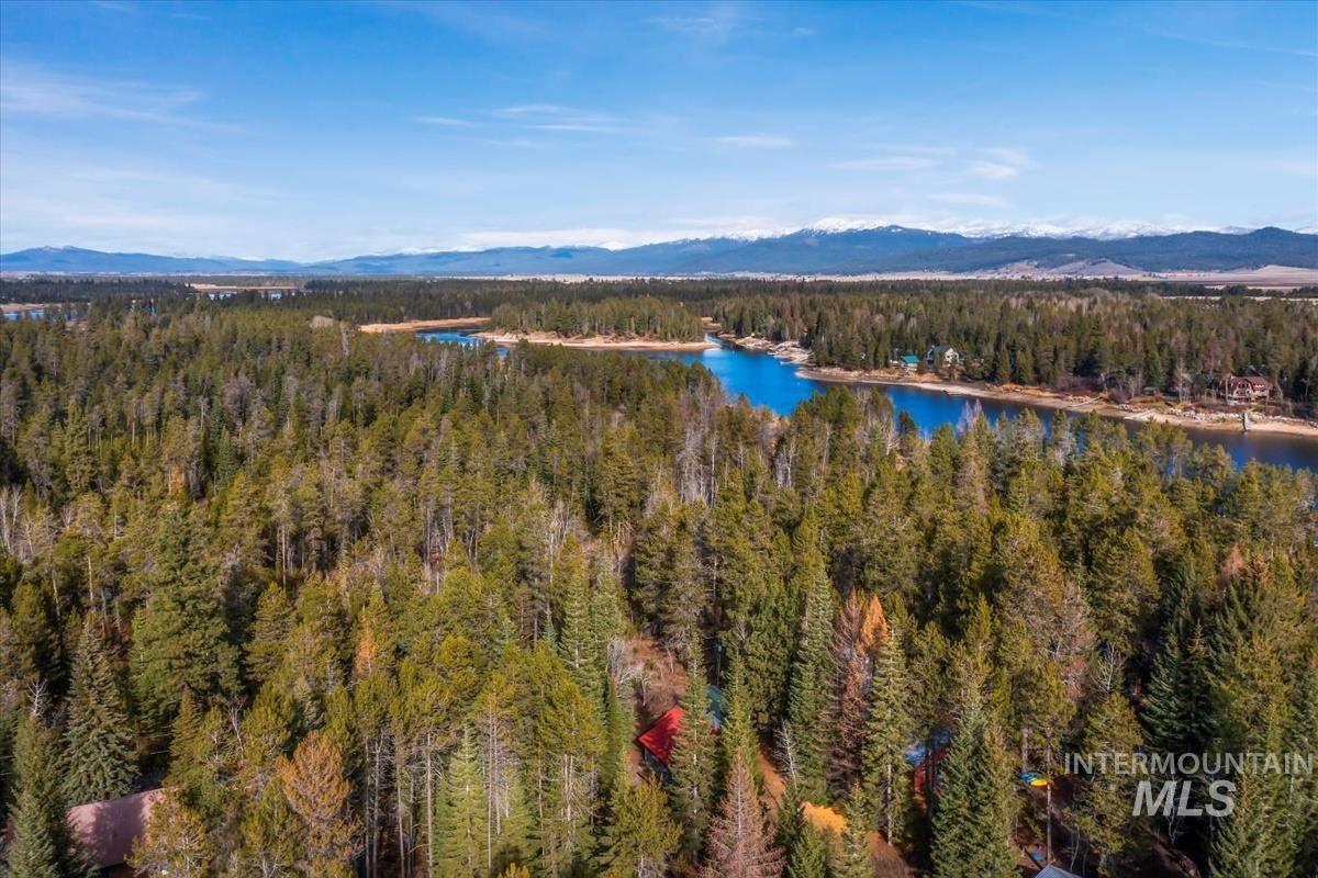 Bird's eye view of a water and mountain view and a heavily wooded area