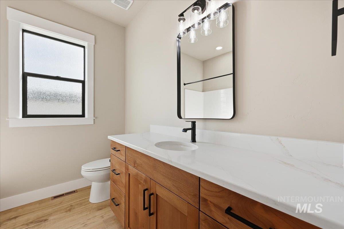 Full bathroom featuring light wood-type flooring, vanity, and a shower