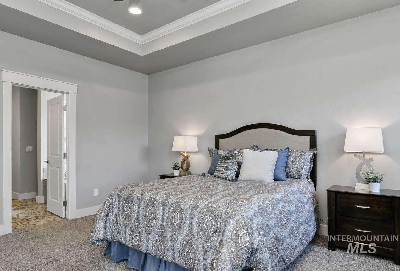 Carpeted bedroom featuring ornamental molding, a tray ceiling, and a ceiling fan