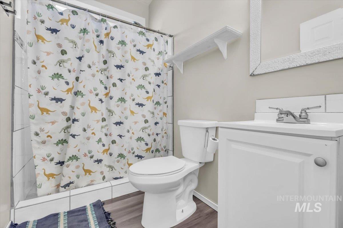 Bathroom featuring a shower with curtain, vanity, and wood finished floors