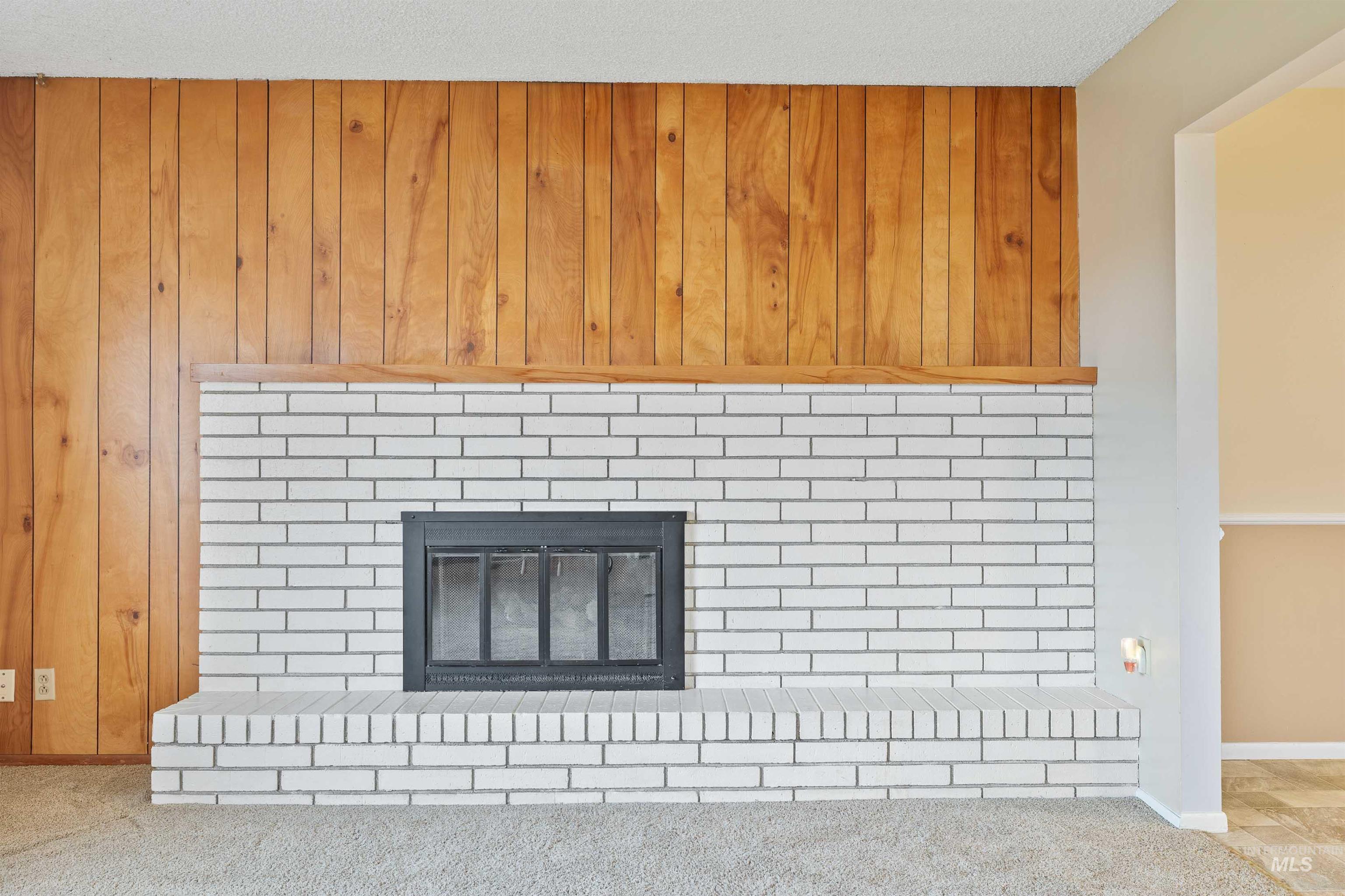 Detailed view of a fireplace and carpet flooring
