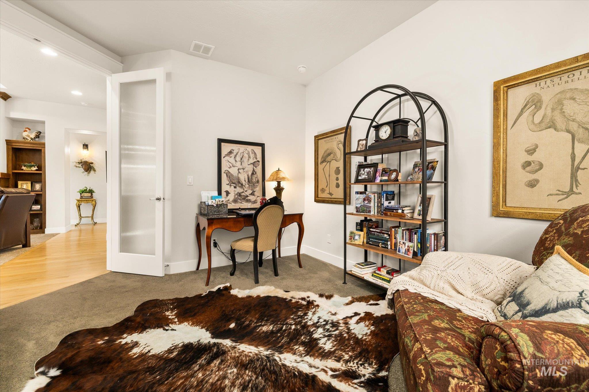 Home office with light carpet, recessed lighting, and french doors