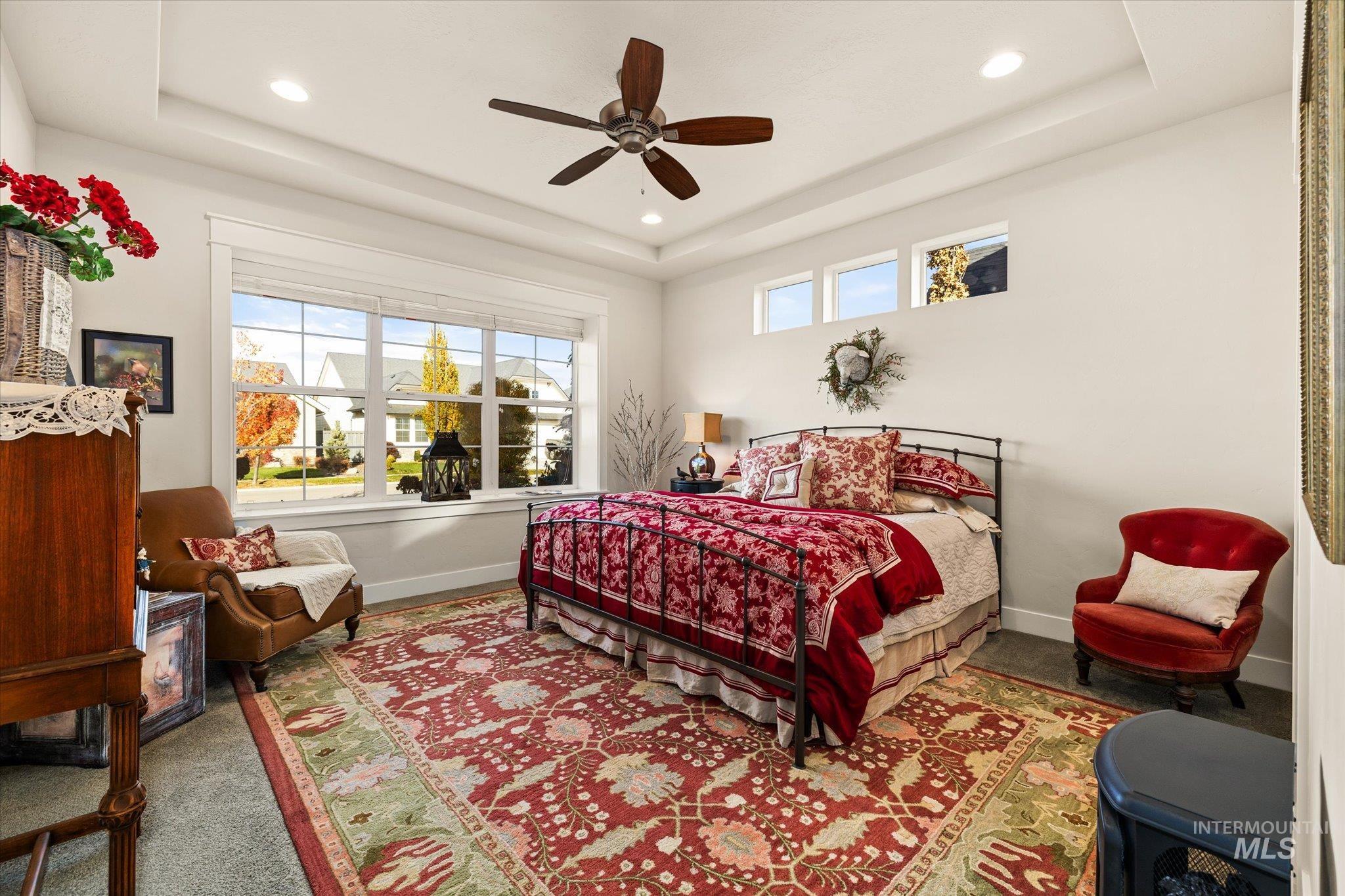 Carpeted bedroom with a tray ceiling and a ceiling fan
