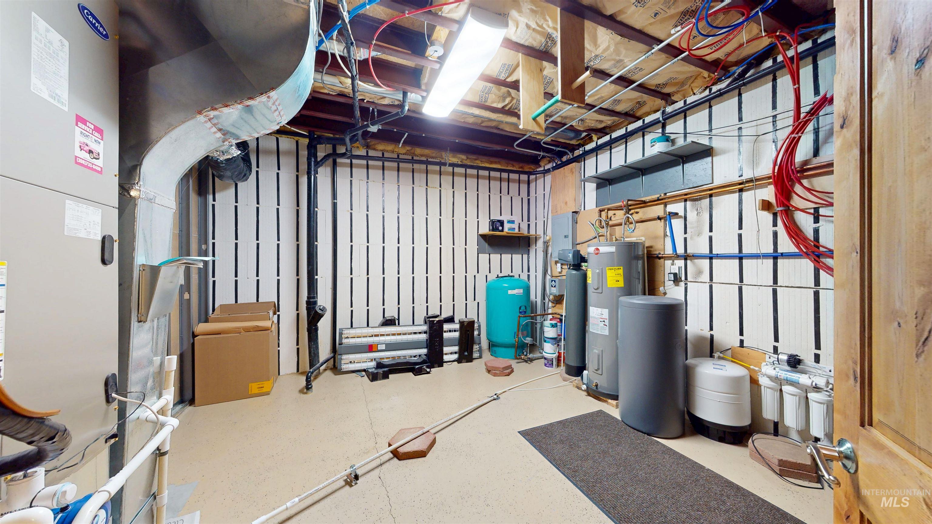 Utilities with electric water heater, heating unit, and electric panel