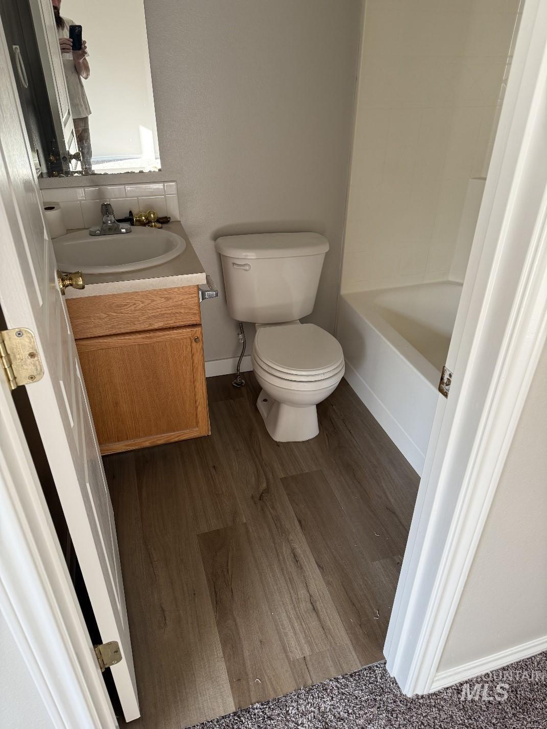 Bathroom with vanity and dark wood-style flooring