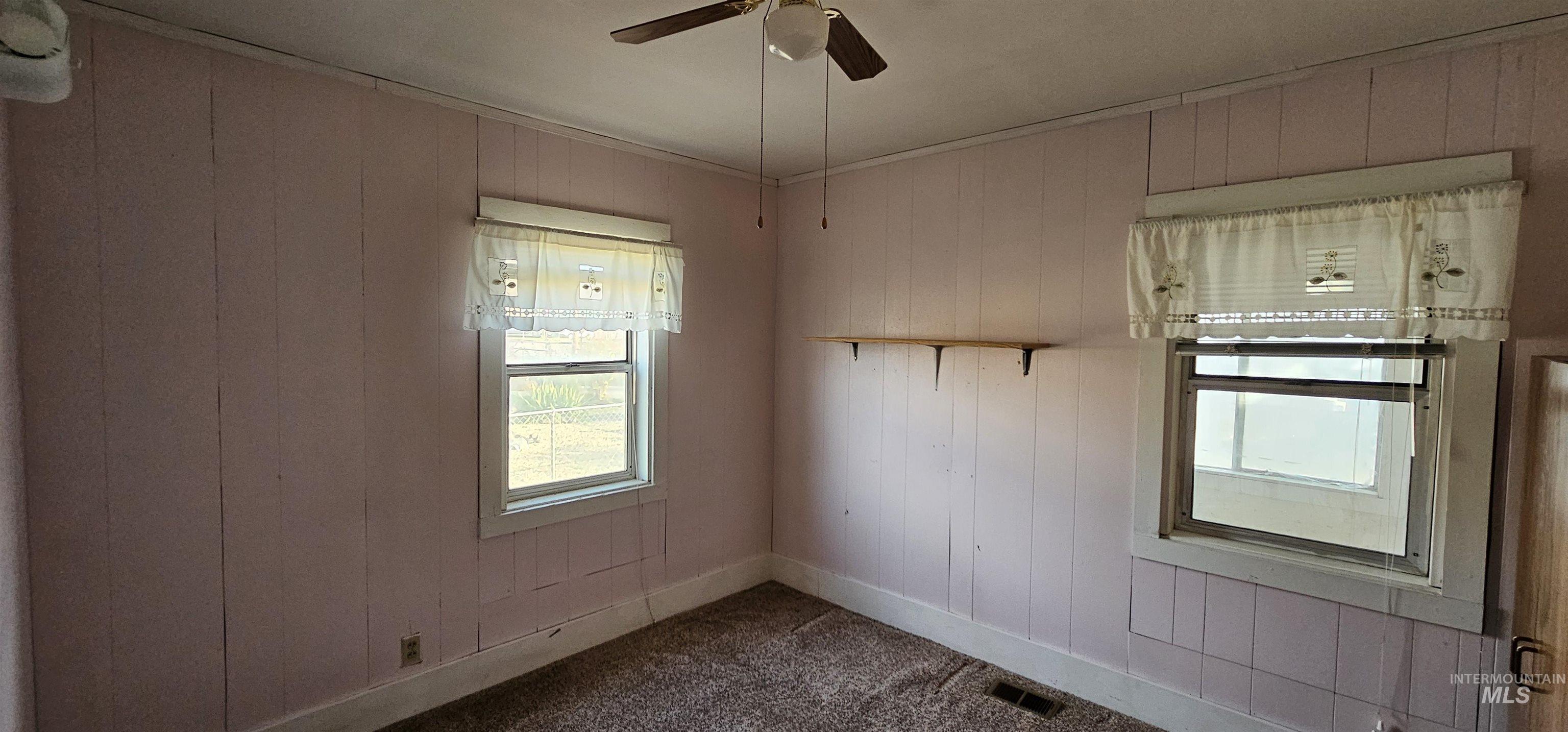Unfurnished room with wooden walls, plenty of natural light, dark carpet, crown molding, and a ceiling fan