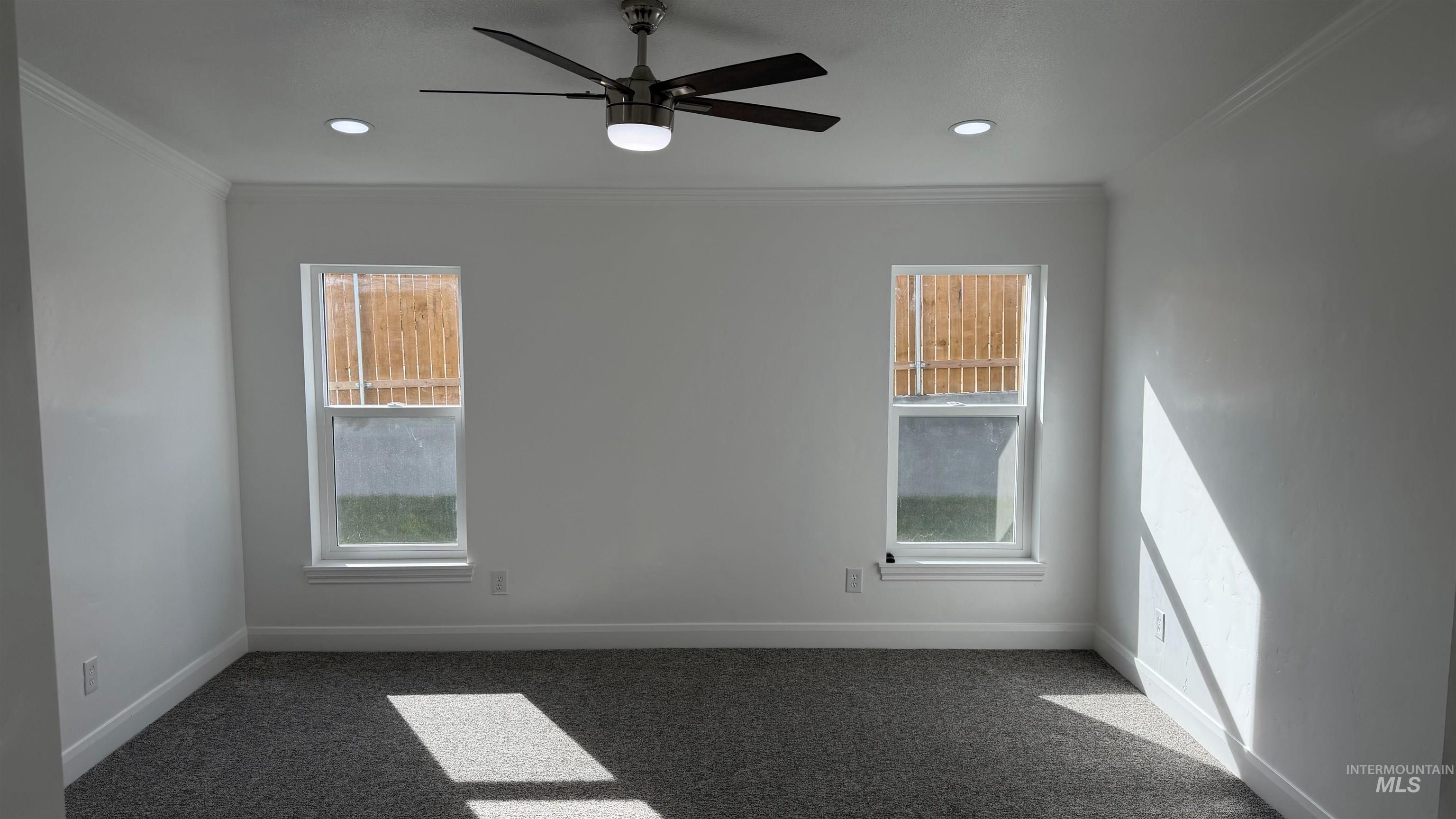 Unfurnished room with carpet flooring, crown molding, plenty of natural light, and ceiling fan