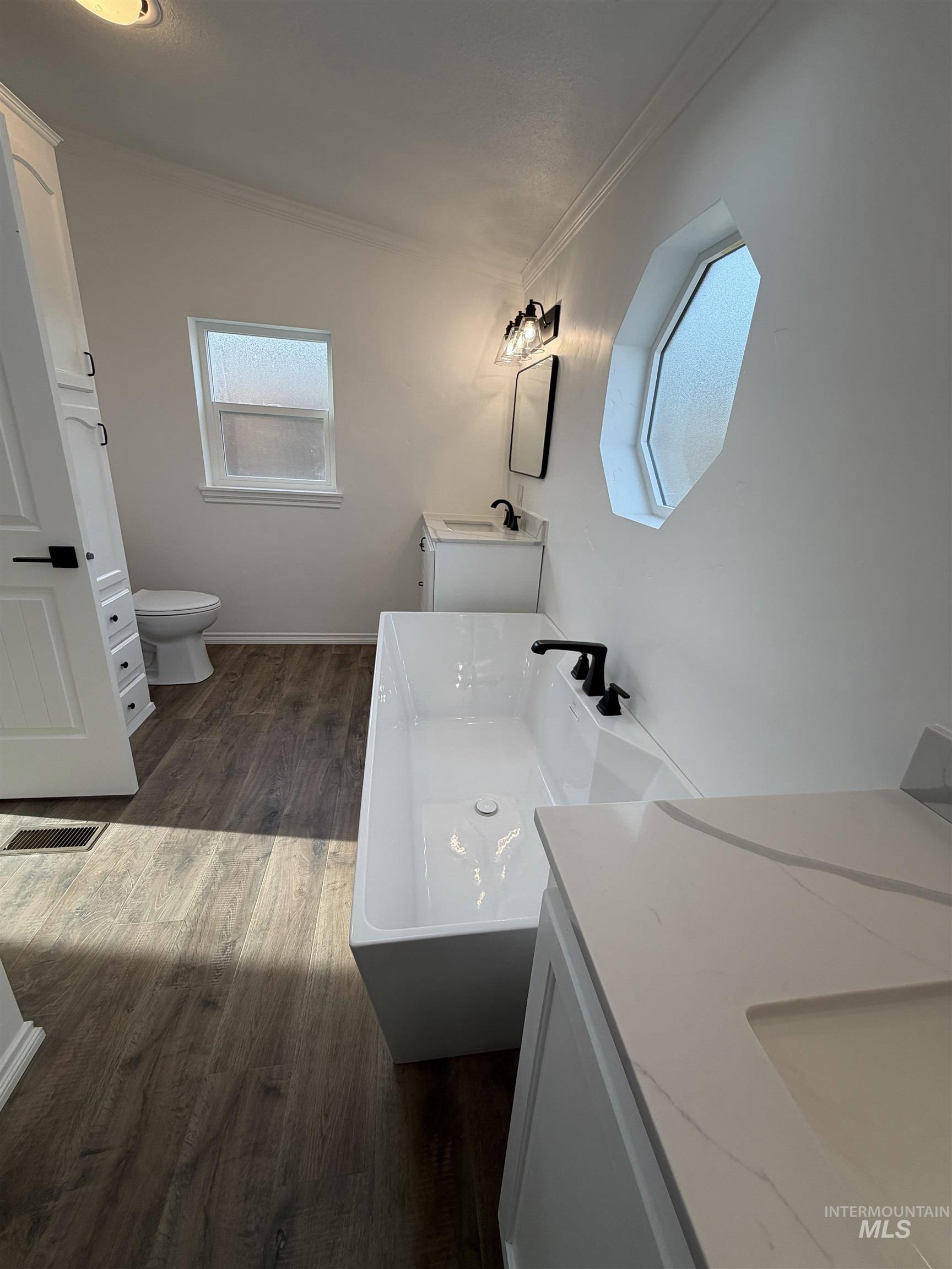 Bathroom with ornamental molding, two vanities, dark wood-style floors, and a freestanding bath