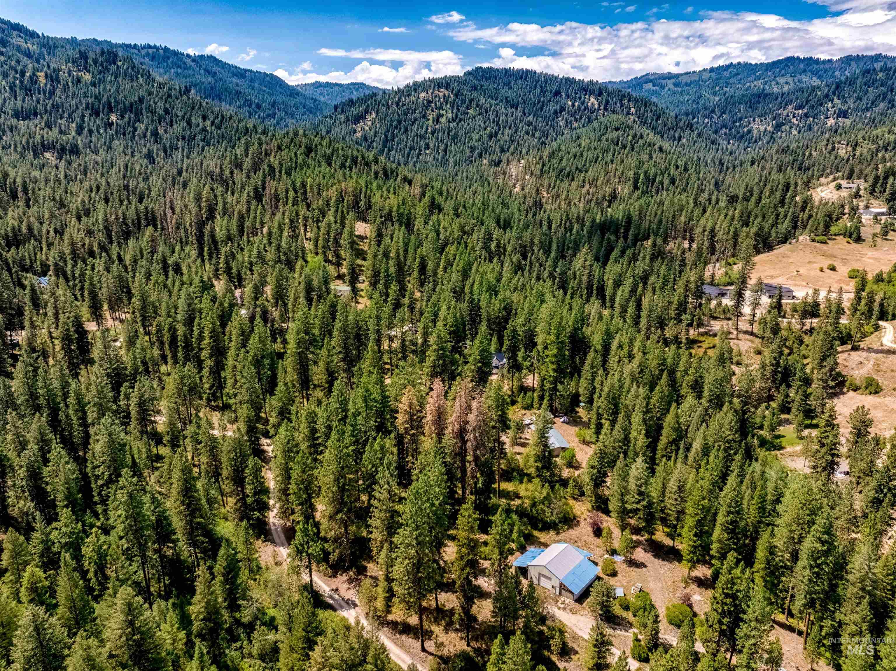 Aerial view of a mountain backdrop and a heavily wooded area