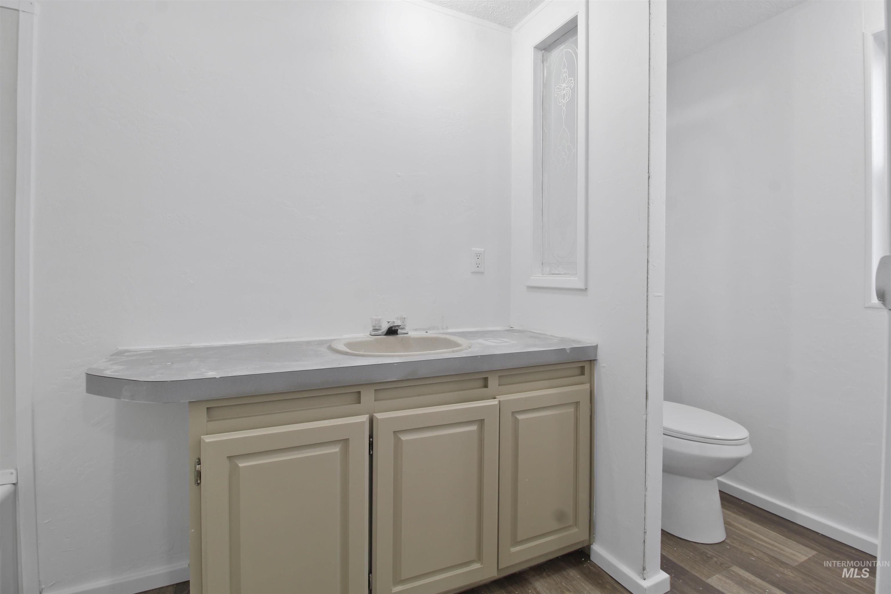 Half bath with vanity and dark wood-type flooring