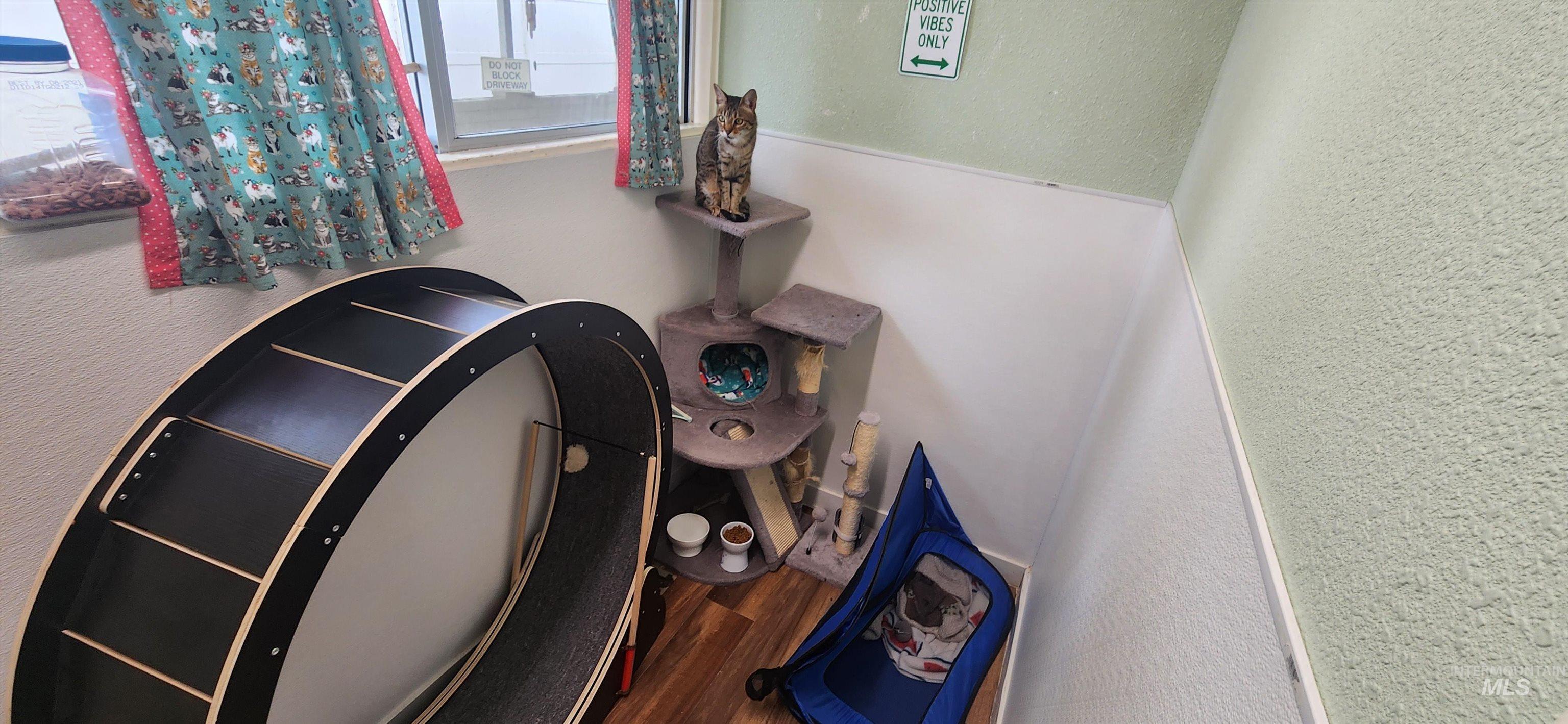 Detailed view of a textured wall and wood finished floors