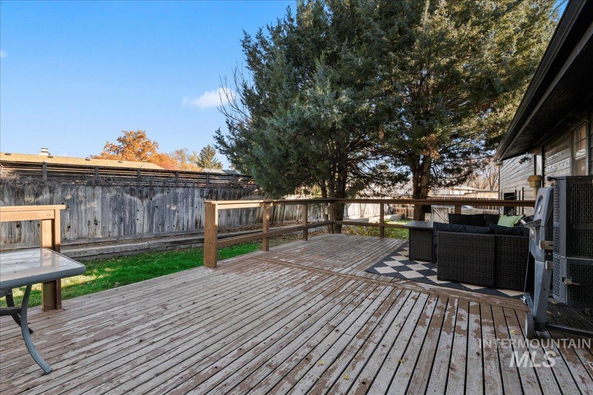 Wooden deck with outdoor lounge area and a fenced backyard