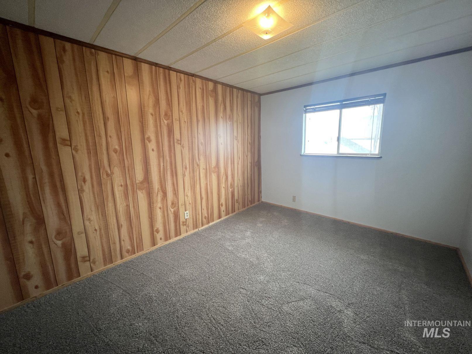 Unfurnished room featuring wooden walls and carpet