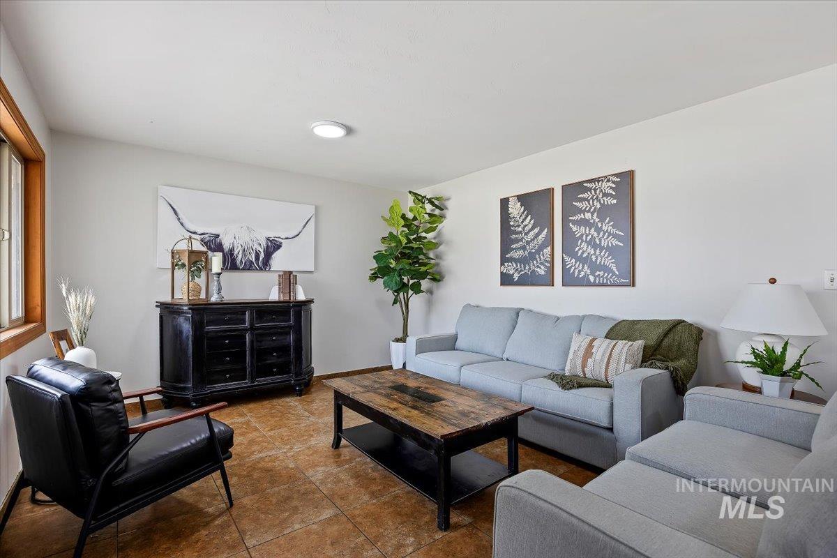 Living room with tile patterned flooring