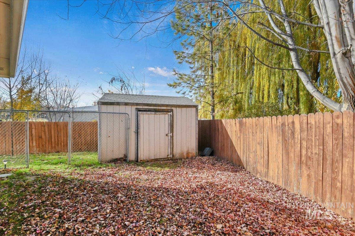 View of shed featuring a fenced backyard