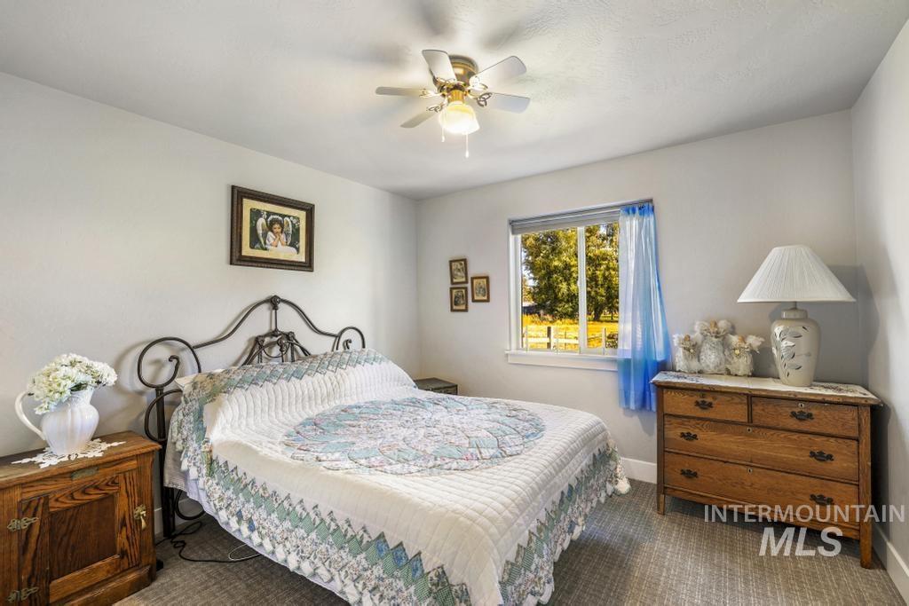 Bedroom featuring ceiling fan and dark carpet