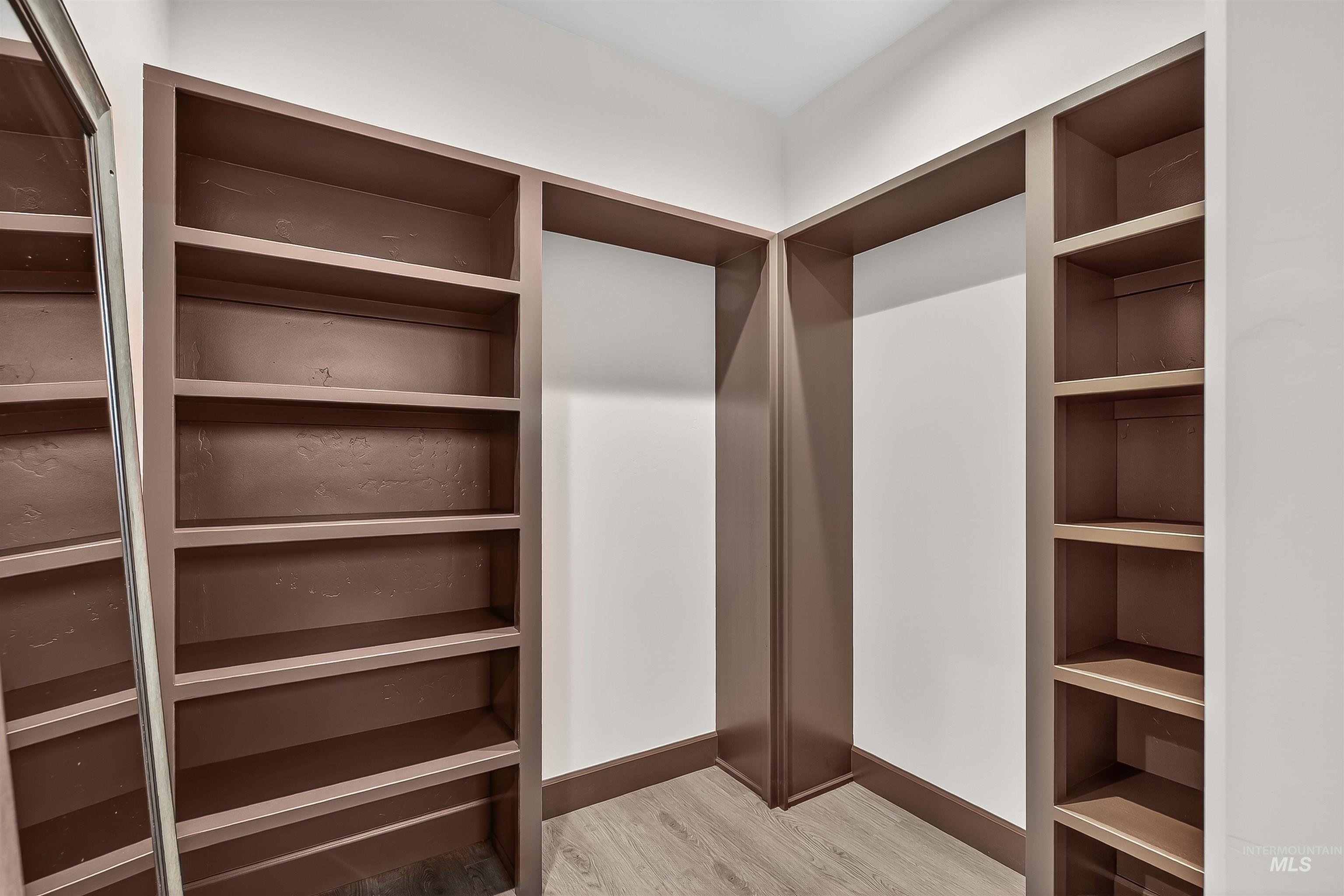 Walk in closet with light wood finished floors