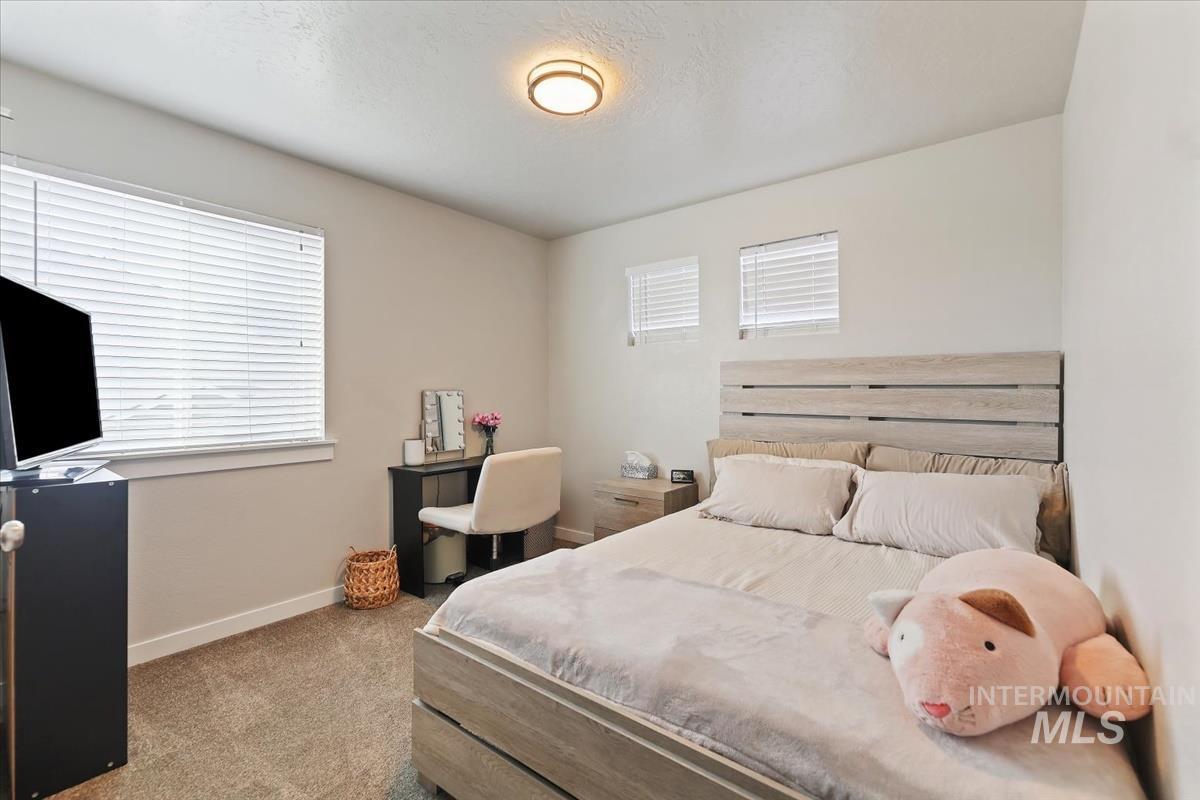 Bedroom featuring light colored carpet, multiple windows, and a textured ceiling