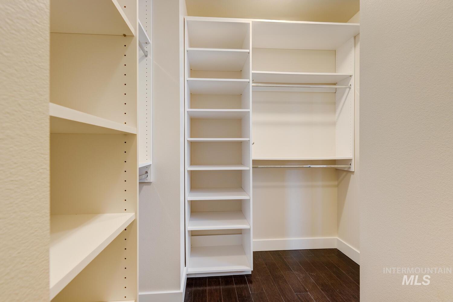 Walk in closet featuring dark wood-style flooring