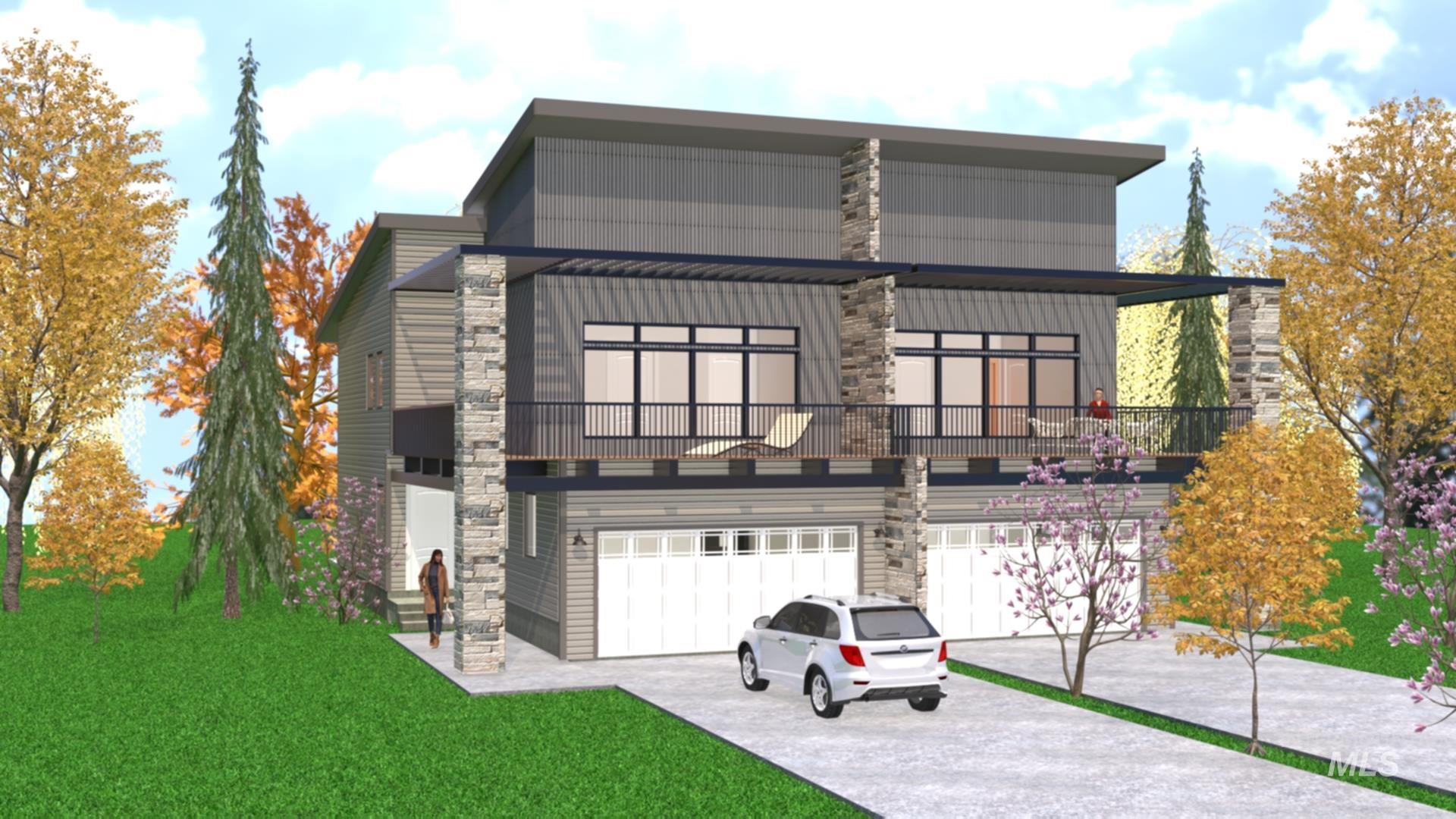 View of front of house with a balcony, concrete driveway, a front lawn, stone siding, and a garage