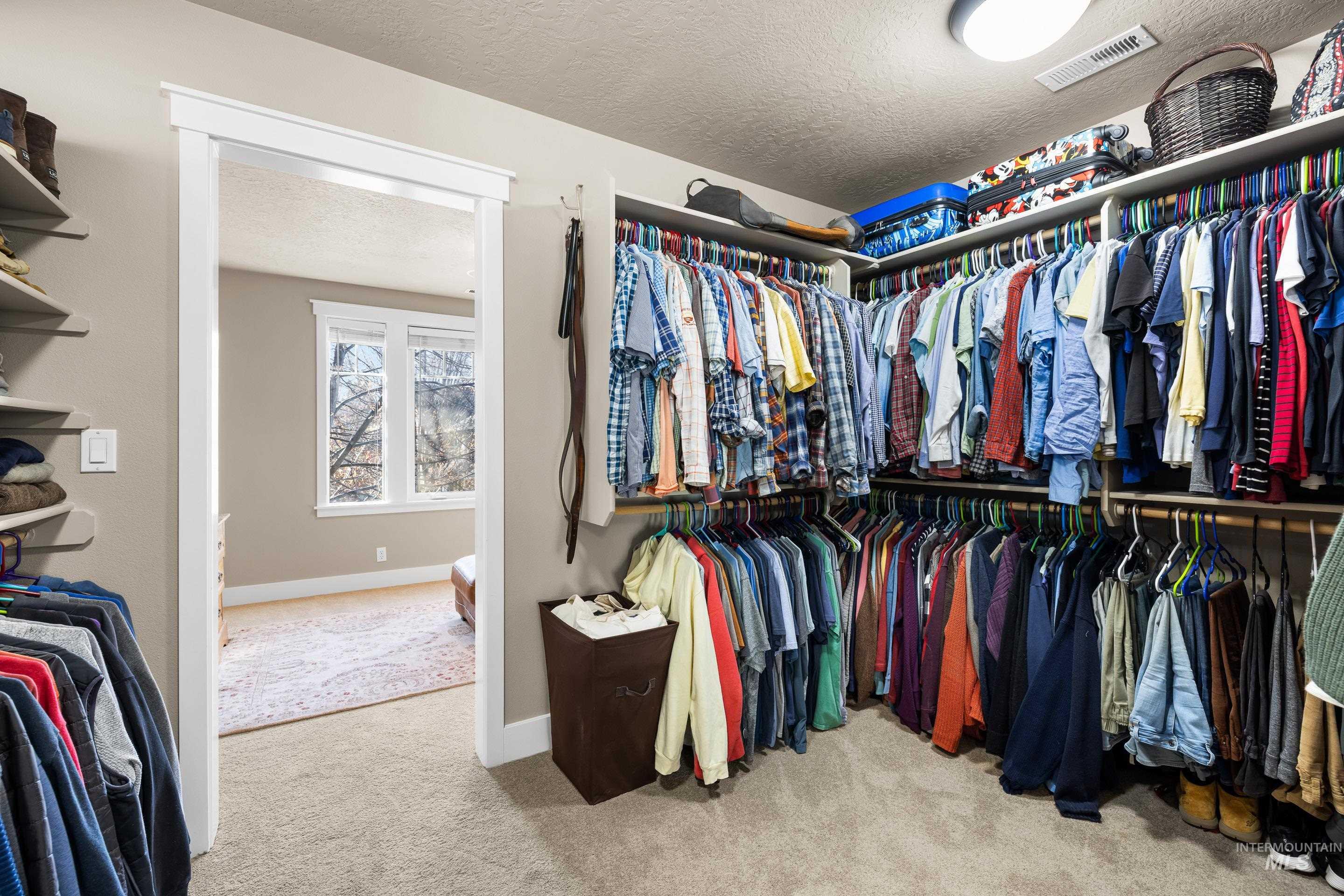 Walk in closet with light carpet