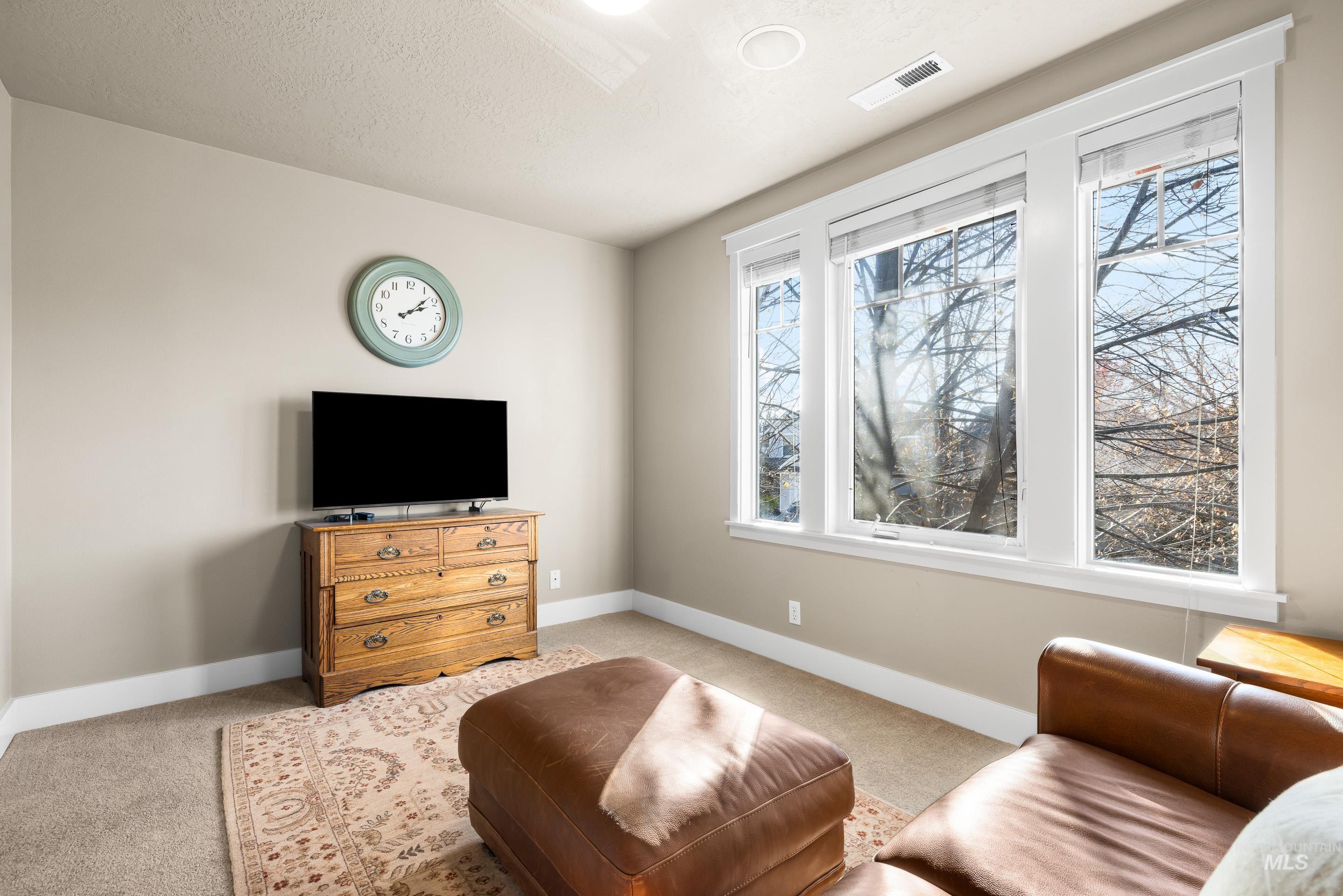 Living area featuring light carpet and a textured ceiling