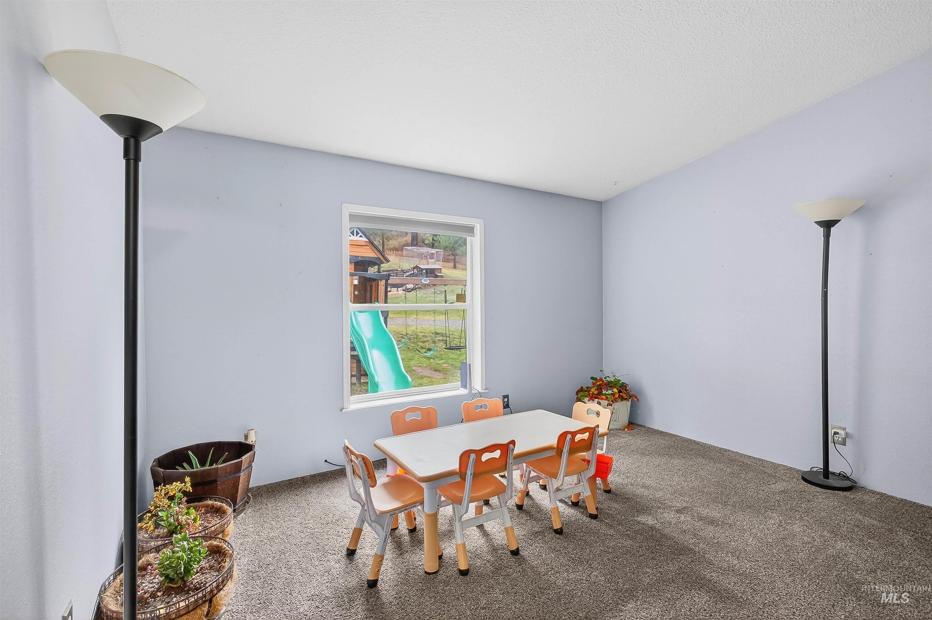 Dining space with carpet floors