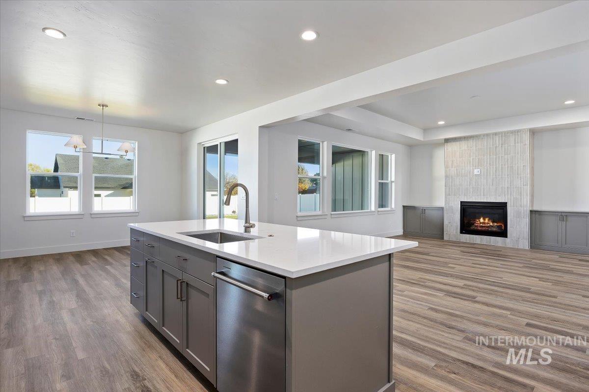 Kitchen with gray cabinets, open floor plan, stainless steel dishwasher, wood finished floors, and hanging light fixtures