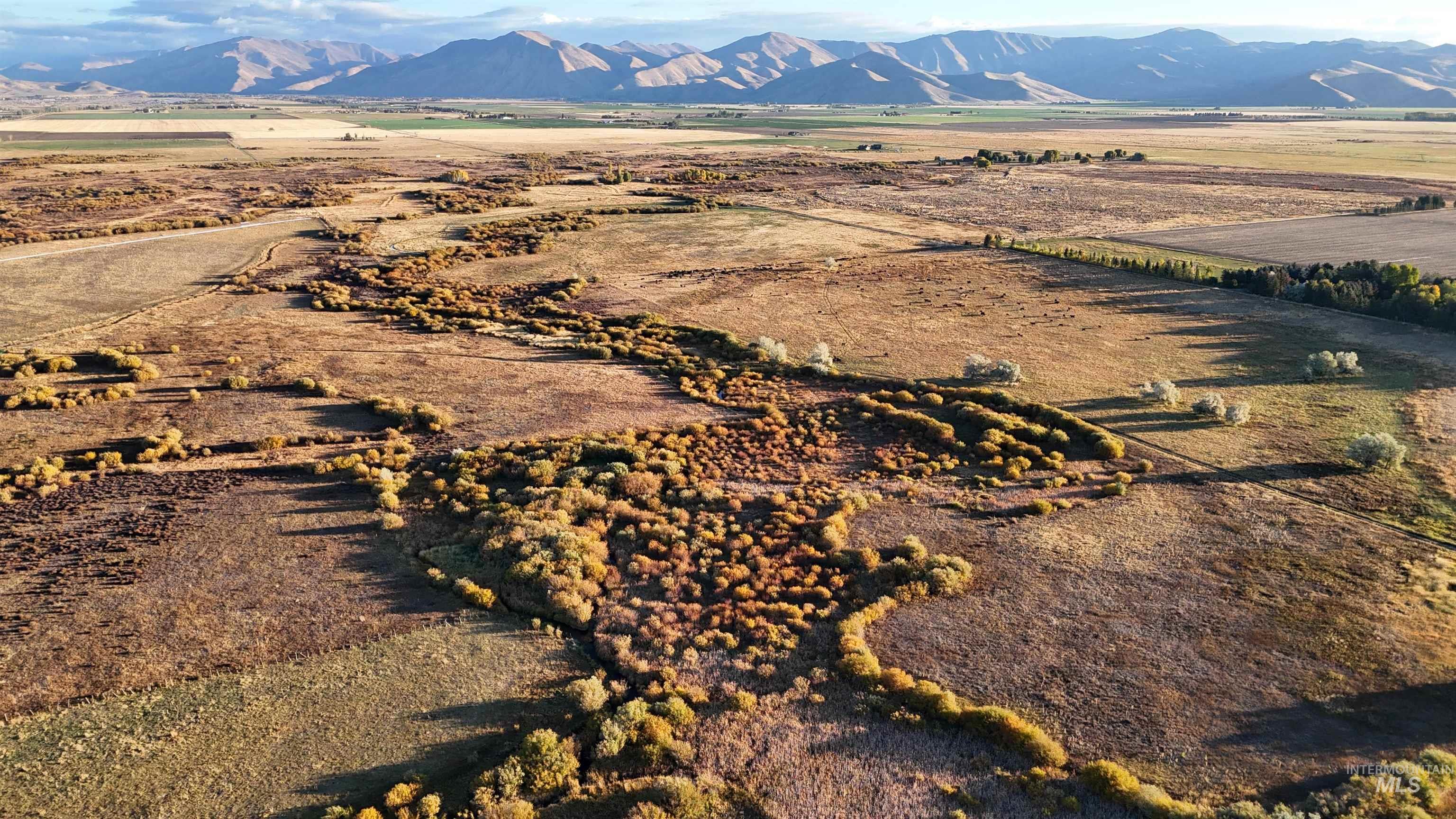 Aerial view of property and surrounding area with a mountainous background and rural landscape