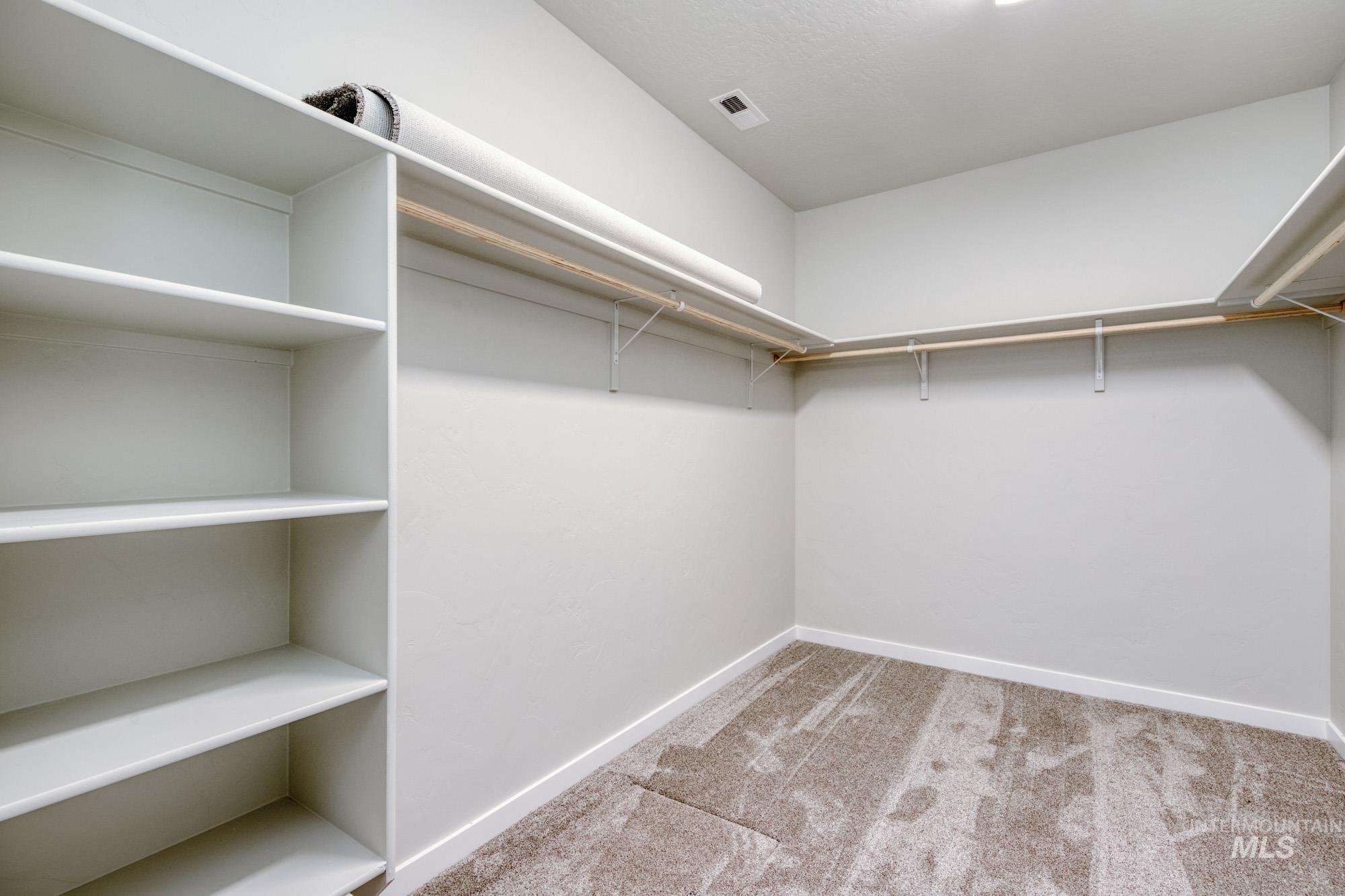Walk in closet featuring light carpet