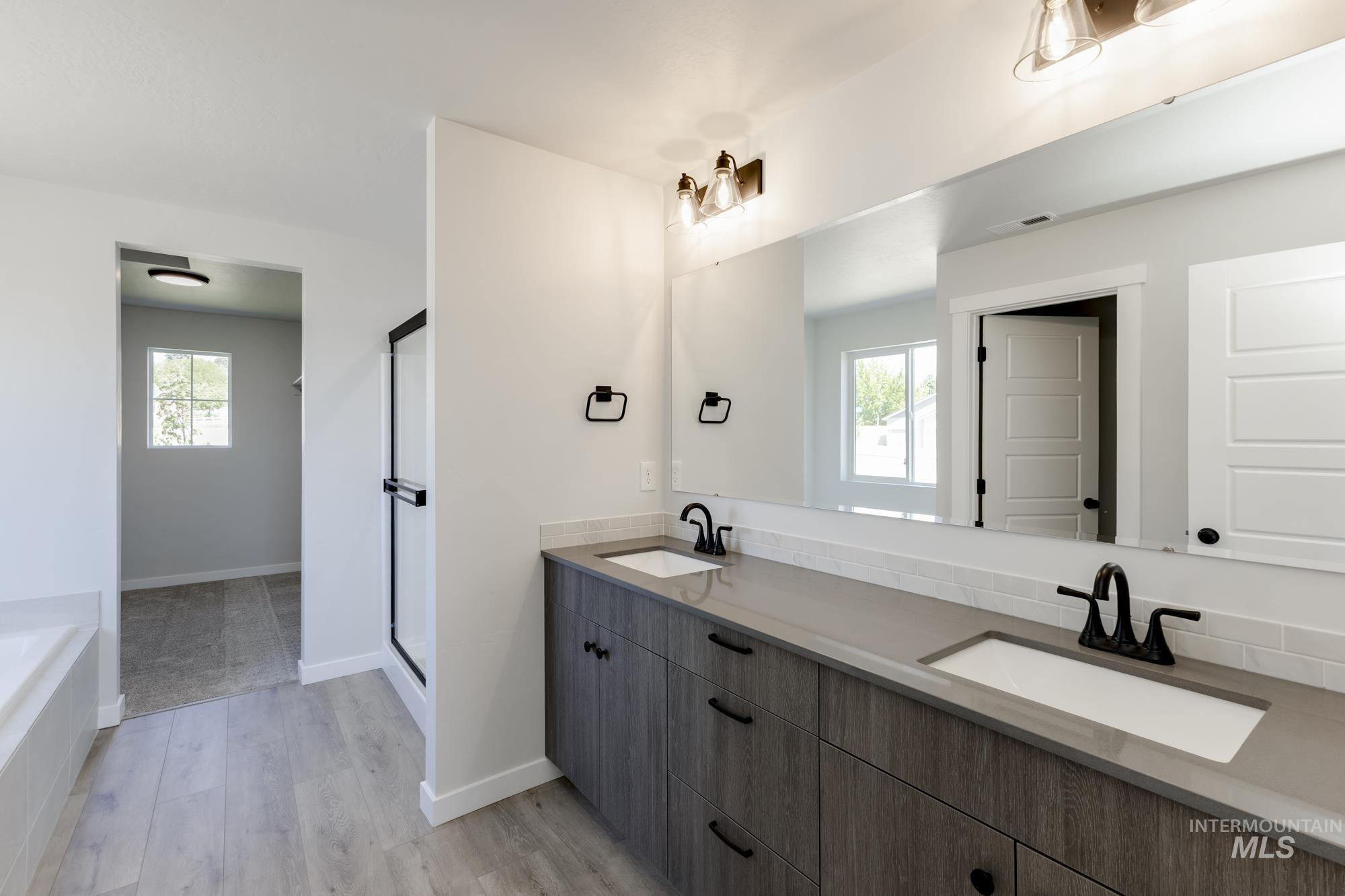 Bathroom with double vanity, light wood-style flooring, plenty of natural light, and a tub to relax in