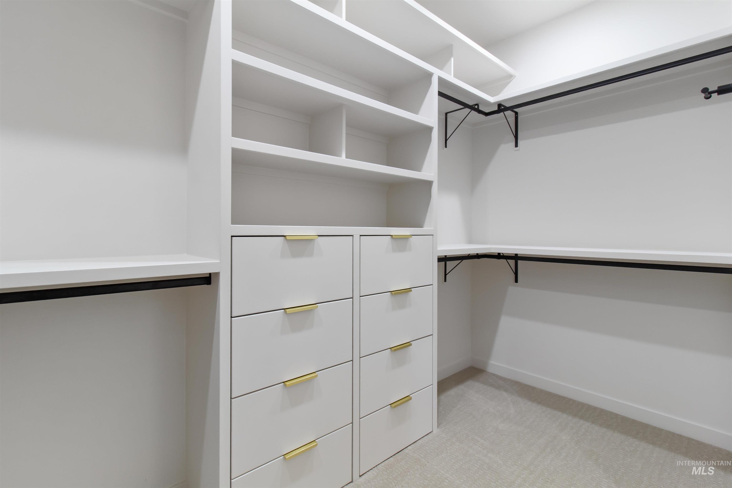 Walk in closet featuring light carpet