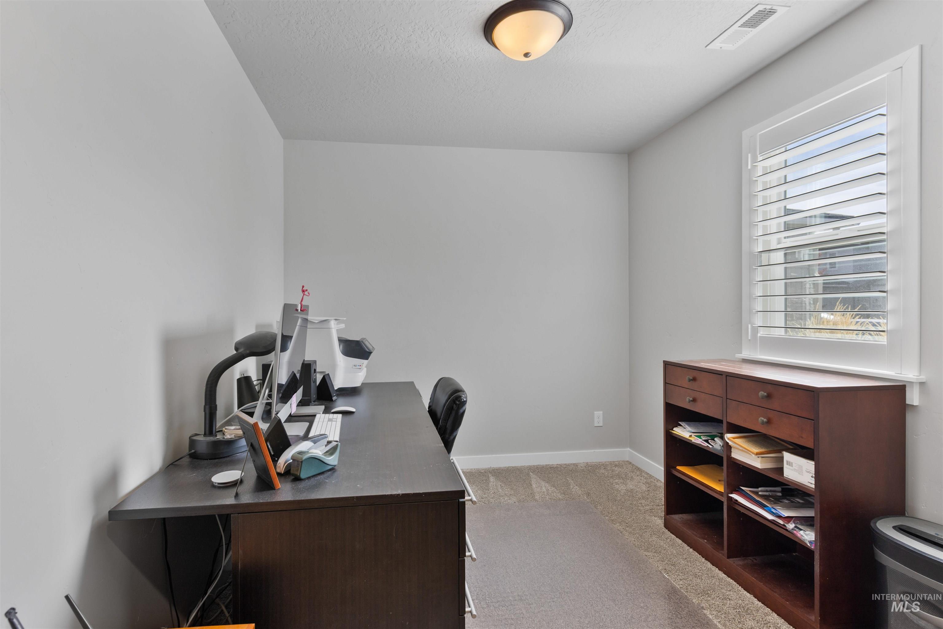 Office featuring light colored carpet and a textured ceiling