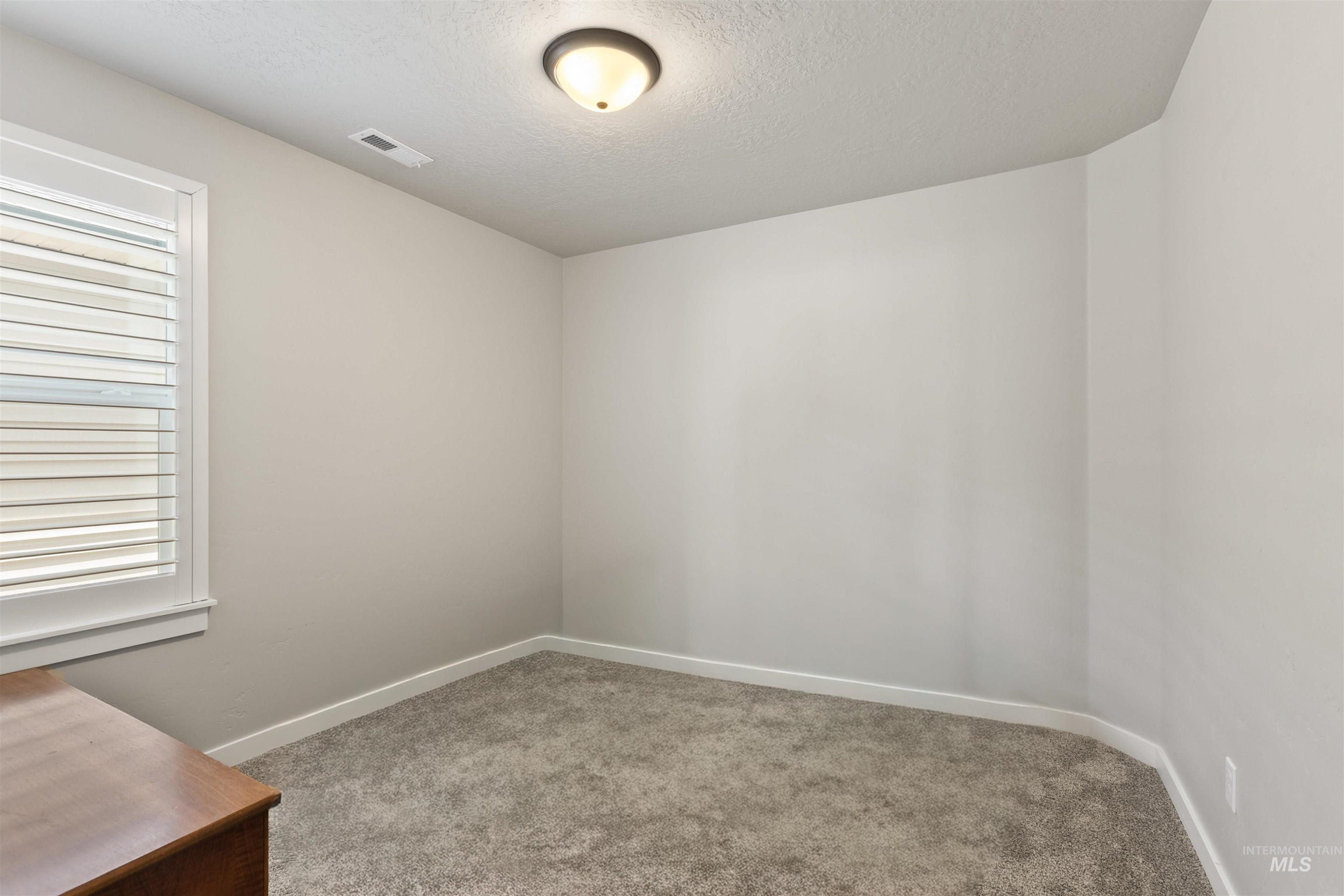 Unfurnished room with light colored carpet and a textured ceiling
